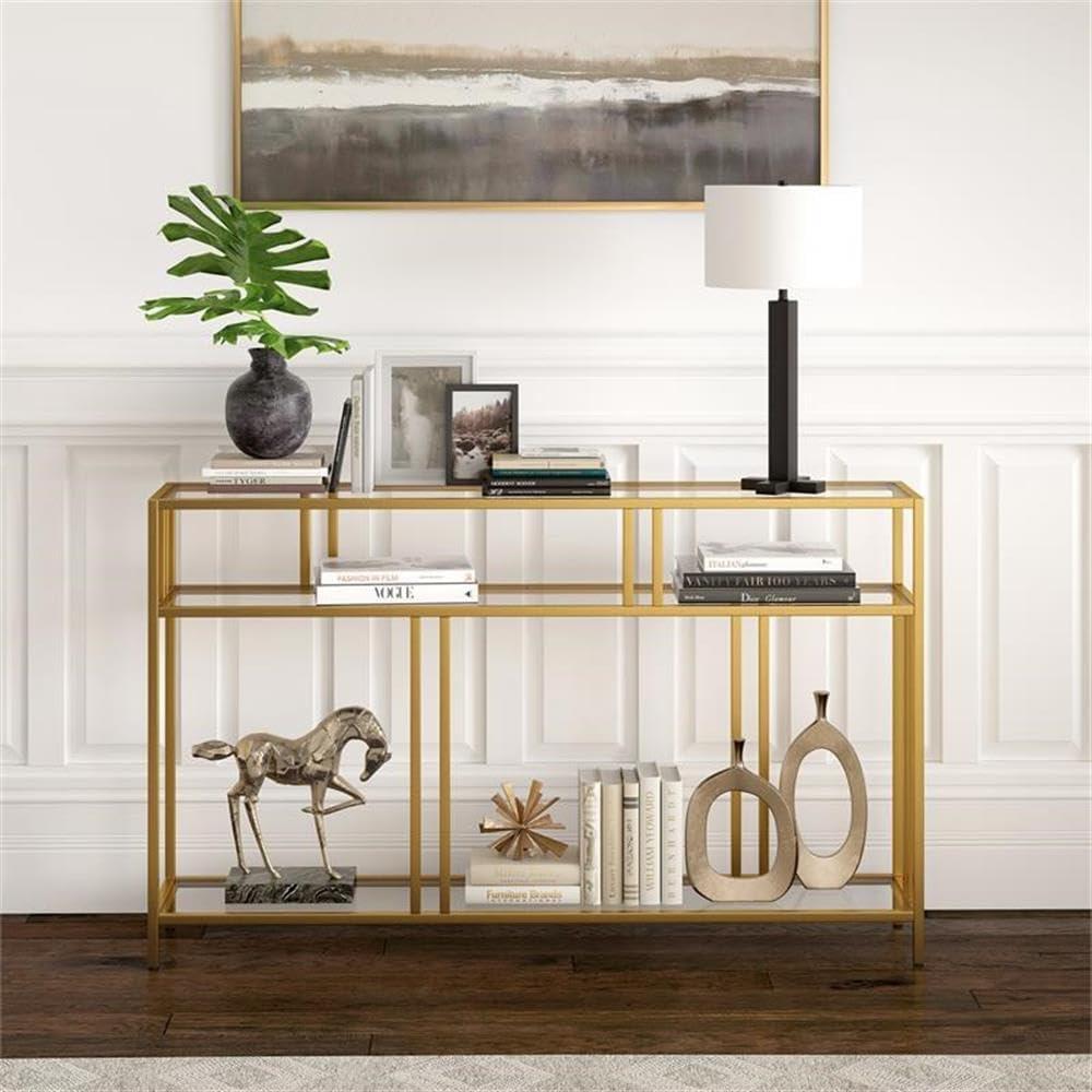 Evelyn&Zoe Cortland 48" Wide Rectangular Console Table with Glass Shelves, Brass