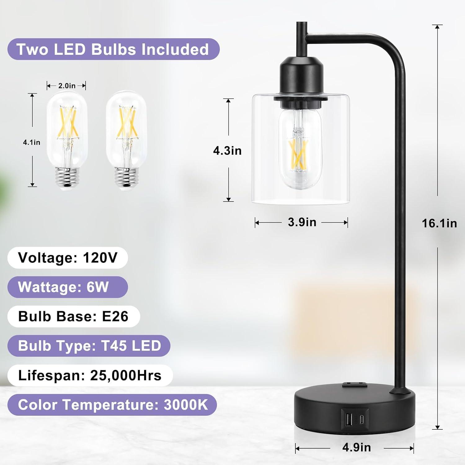 Industrial Nightstand Lamps for Bedrooms Set of 2 - Fully Dimmable Bedside Lamps with USB A C Ports and Outlet, Black Table Lamps with Clear Glass Shade for Living Room, Desk Lamps for Office Reading