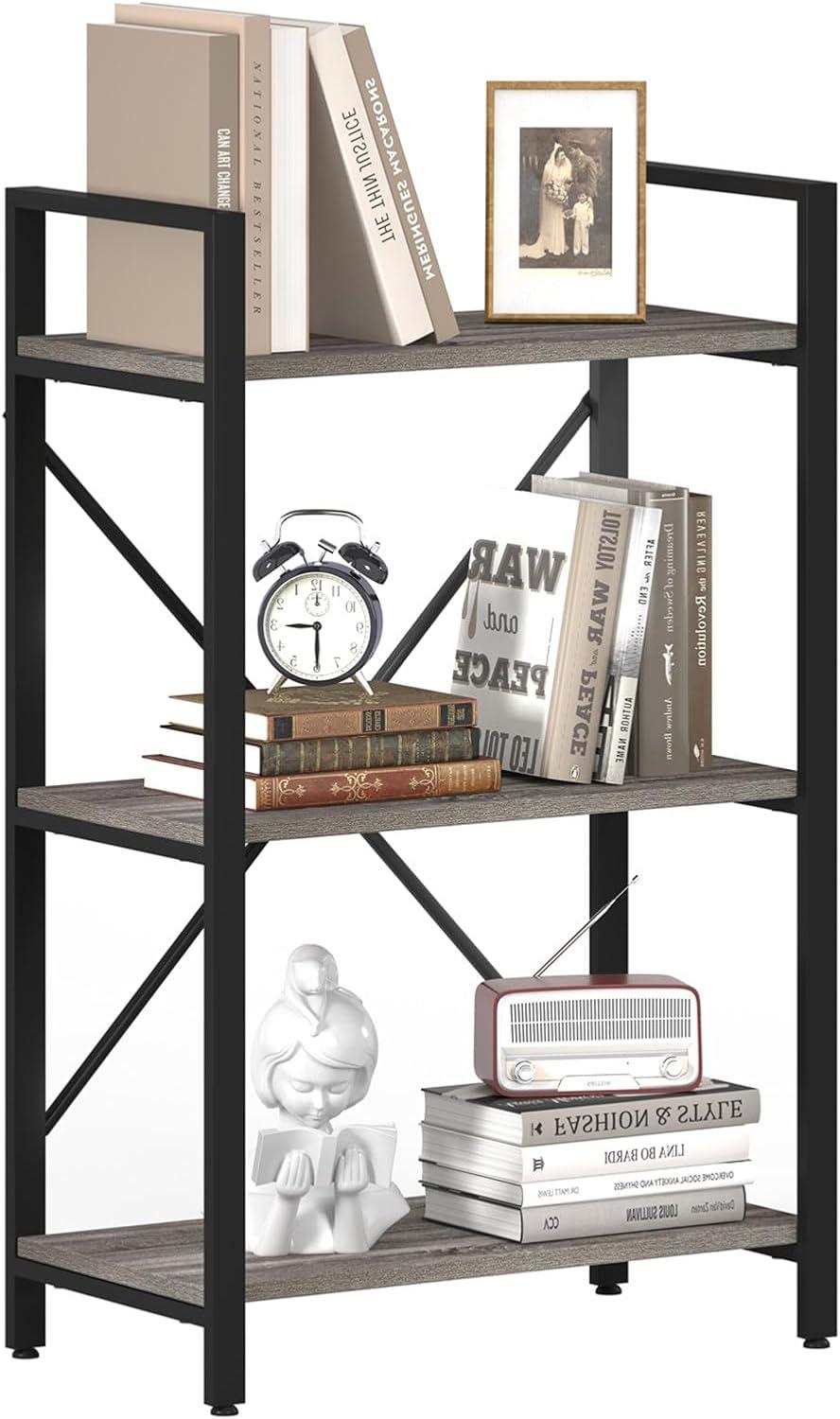 3 Tier Bookshelf, Small Rustic Book Shelf, Short Industrial Bookcase, Wood Metal Standing Etagere for Office, Bedroom and Living Room (Dark Gray Oak)