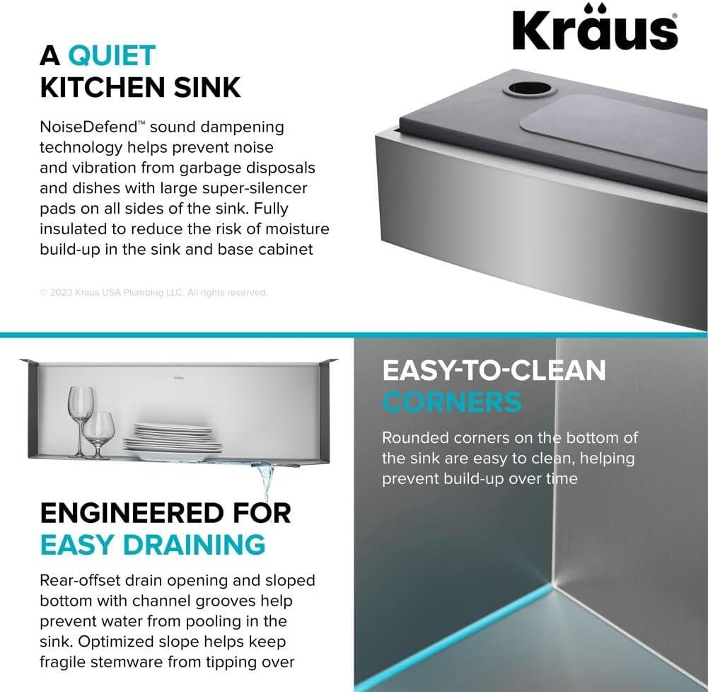 KRAUS® Kore 33" Modern Farmhouse Workstation 16 Gauge Single Bowl Stainless Steel Kitchen Sink with Accessories