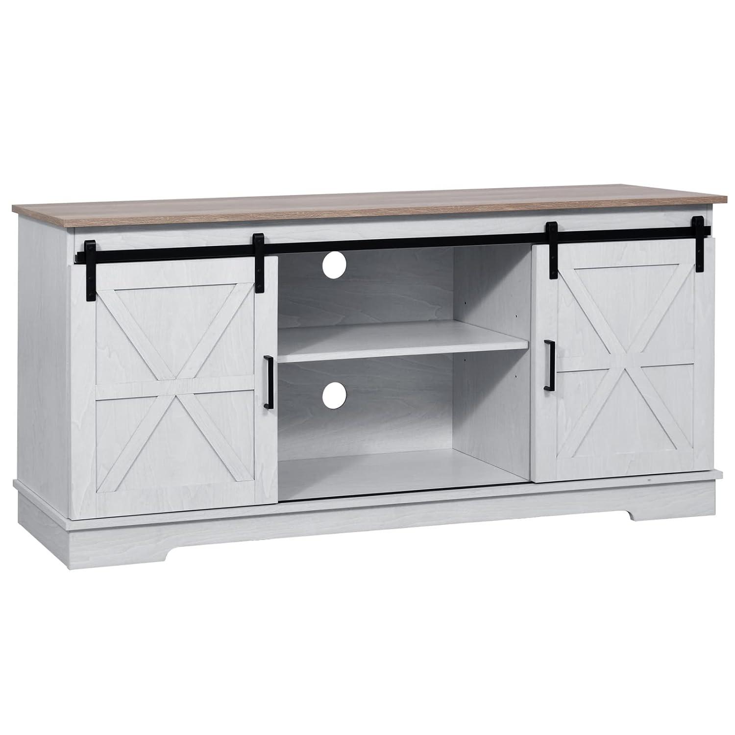 Kitchen Buffet Cabinet, 60“ Farmhouse Sliding Barn Door Coffee Bar Sideboard Buffet Cabinet with Capacity 300 lbs for Home Kitchen Dinning Living Room, Grey White/Grey Wash