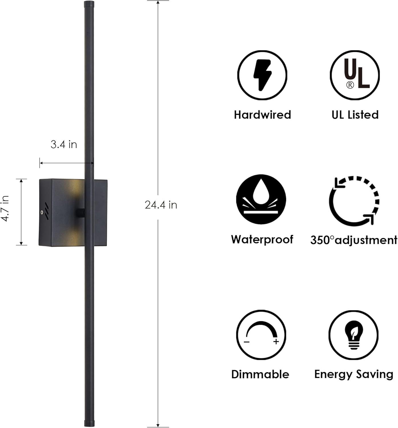 Modern Wall Sconces Set of Two, Dimmable Hardwired Wall Sconces, 350° Rotate, LED Matte Black Wall Light Fixtures, 3000K Warm Light Wall Lamp for Bathroom, Living Room, 27.8 Inch (2 Pack)