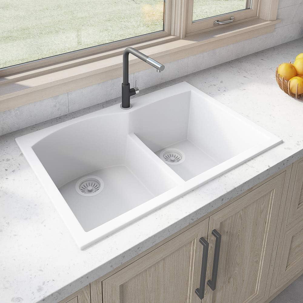 White Granite Composite Double Bowl Drop-In Kitchen Sink