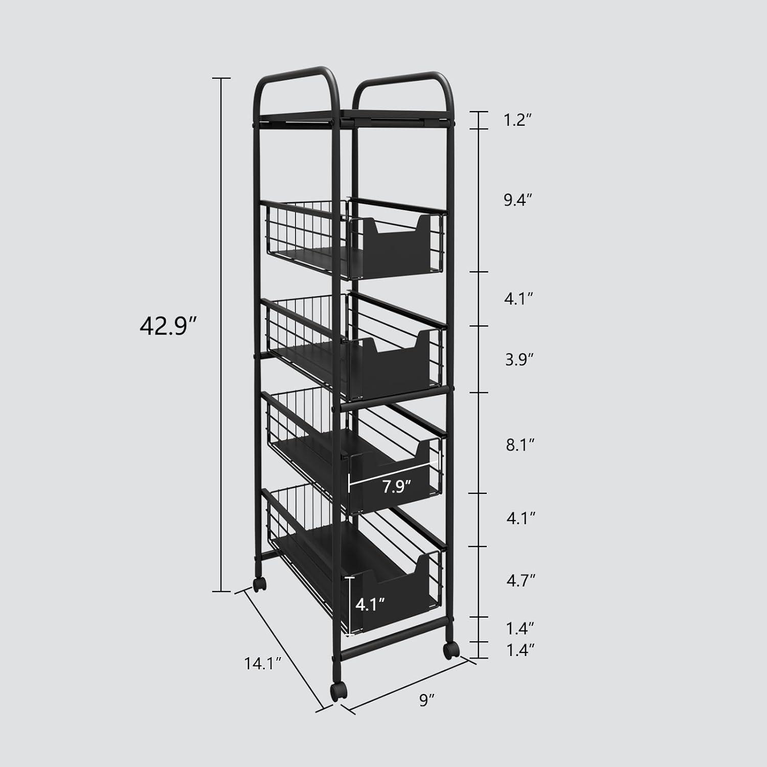 5 Tier Slim Rolling Cart with Drawers Pull-Out Design Corner Storage Shelf Organizer with Wheels Metal Storage Shelving Unit for Narrow Space,Kitchen, Bedroom, Bathroom, Home Office Black