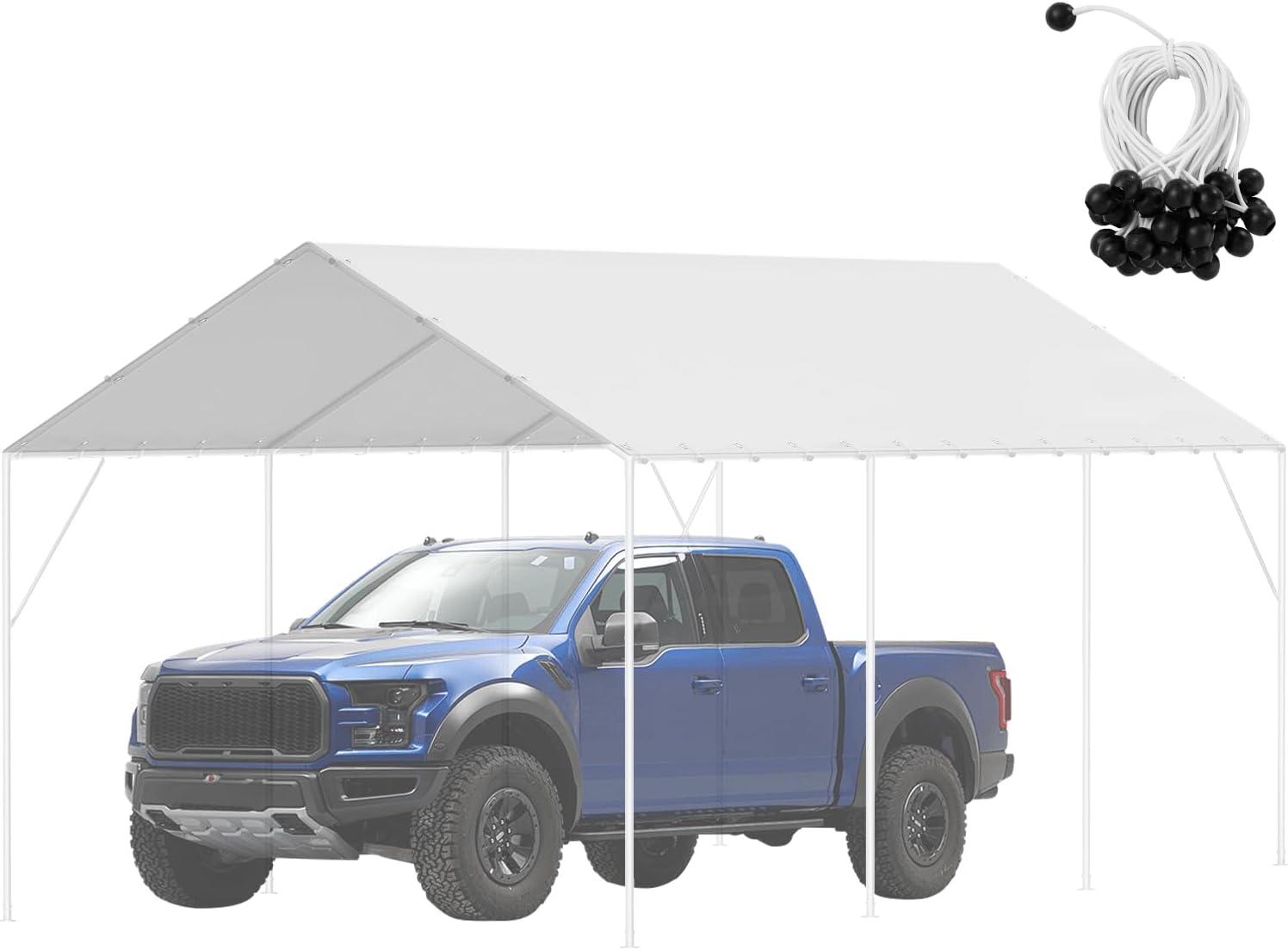 VEVOR 10 x 20 ft Carport Replacement Canopy Cover, Heavy-Duty Waterproof & UV Protected Shelter Tarp, Easy Installation with 40 Ball Bungees (Top Cover Only, Frame Not Included) - White