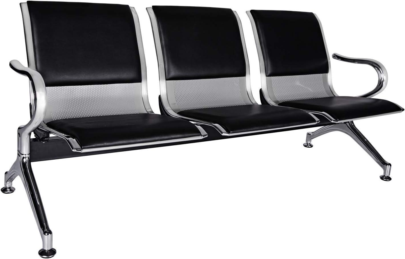 Kinbor Waiting Room Chairs, 3-Seat Reception Chairs Office Guest Waiting Furniture Bench Seating for Airport Bank Hospital, Black