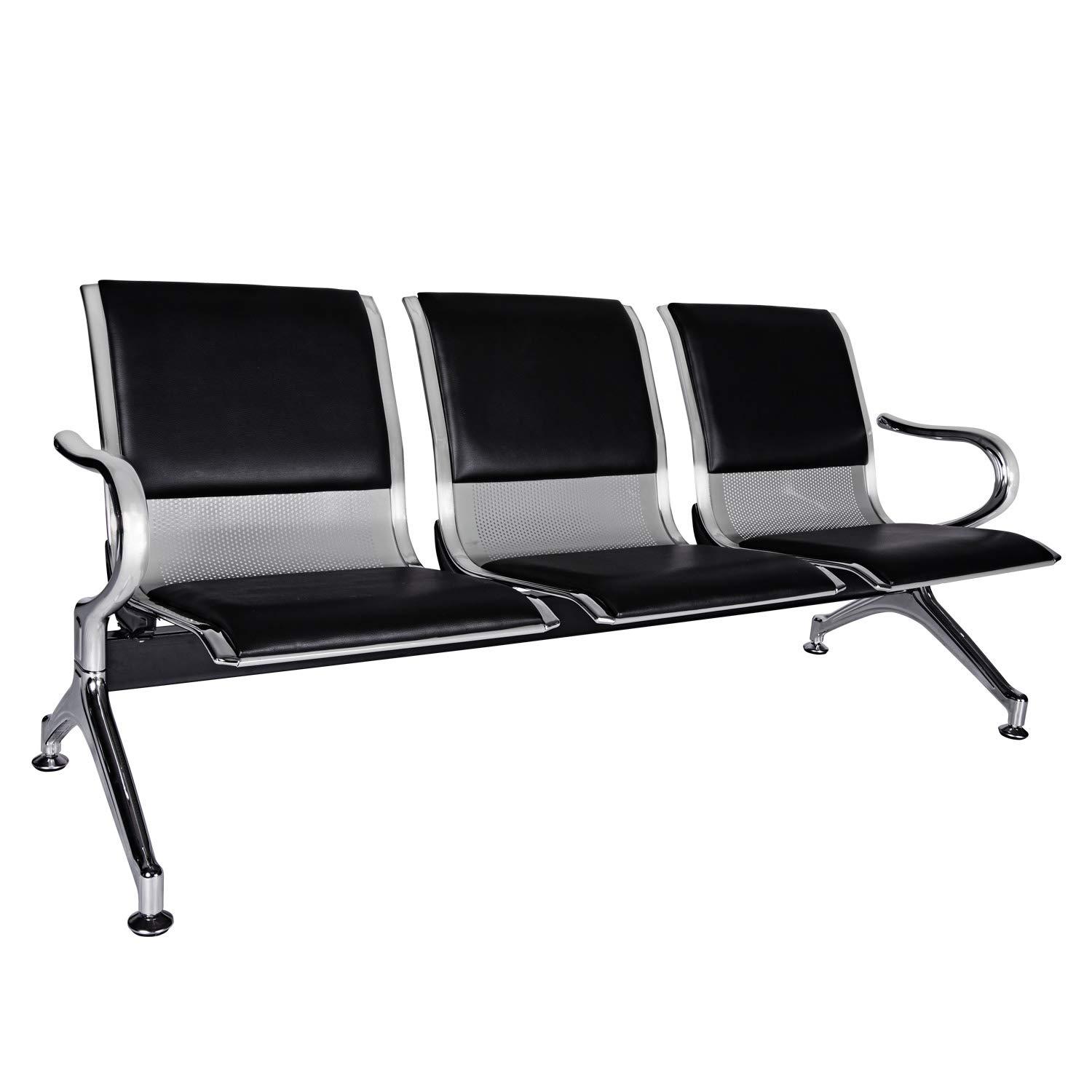 Kinbor Waiting Room Chairs, 3-Seat Reception Chairs Office Guest Waiting Furniture Bench Seating for Airport Bank Hospital, Black