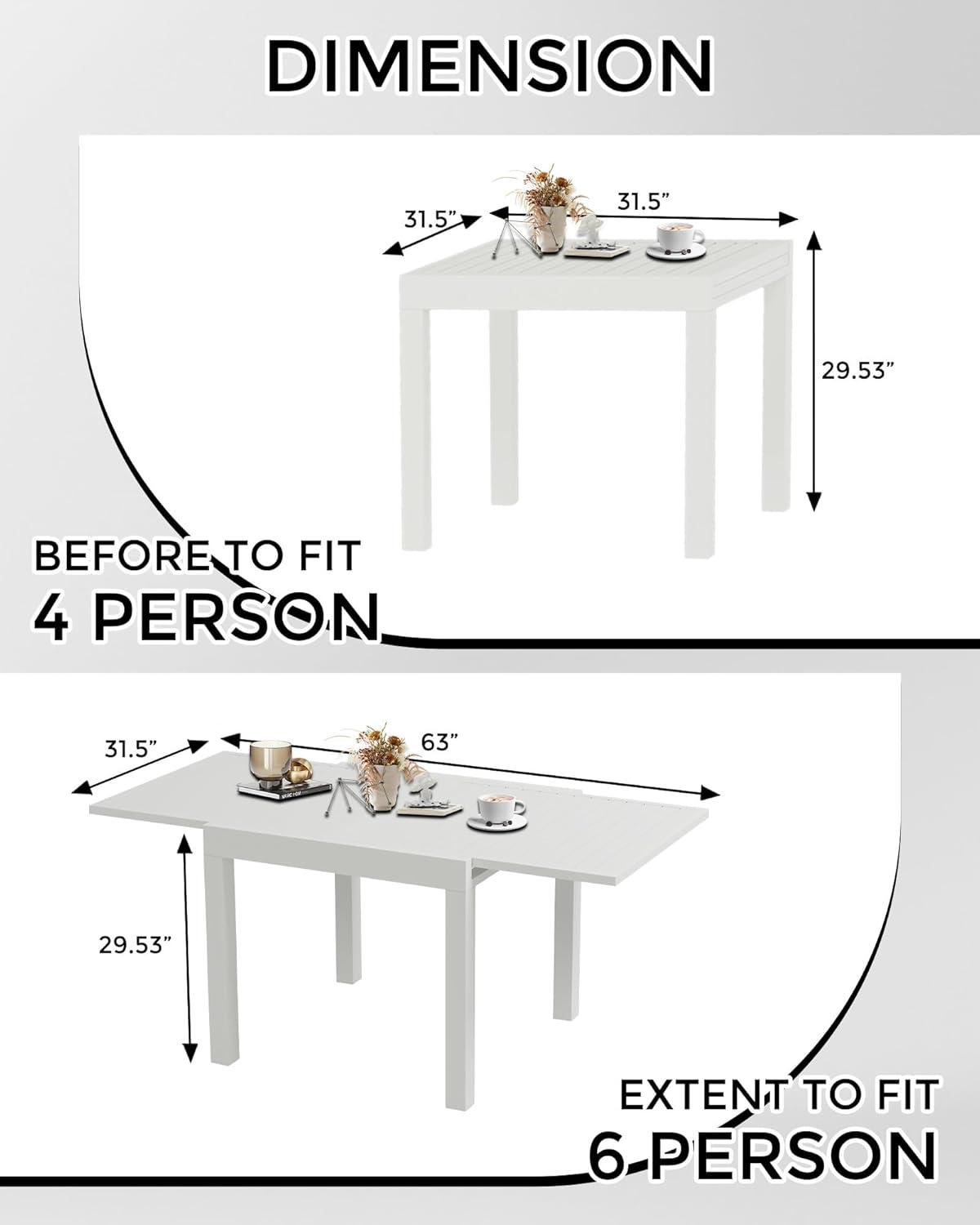 Garvee Expandable Outdoor Dining Table – Adjustable Patio Table for 4-6 People, Durable Aluminum Slat Frame for Backyard, Deck, and Porch, White