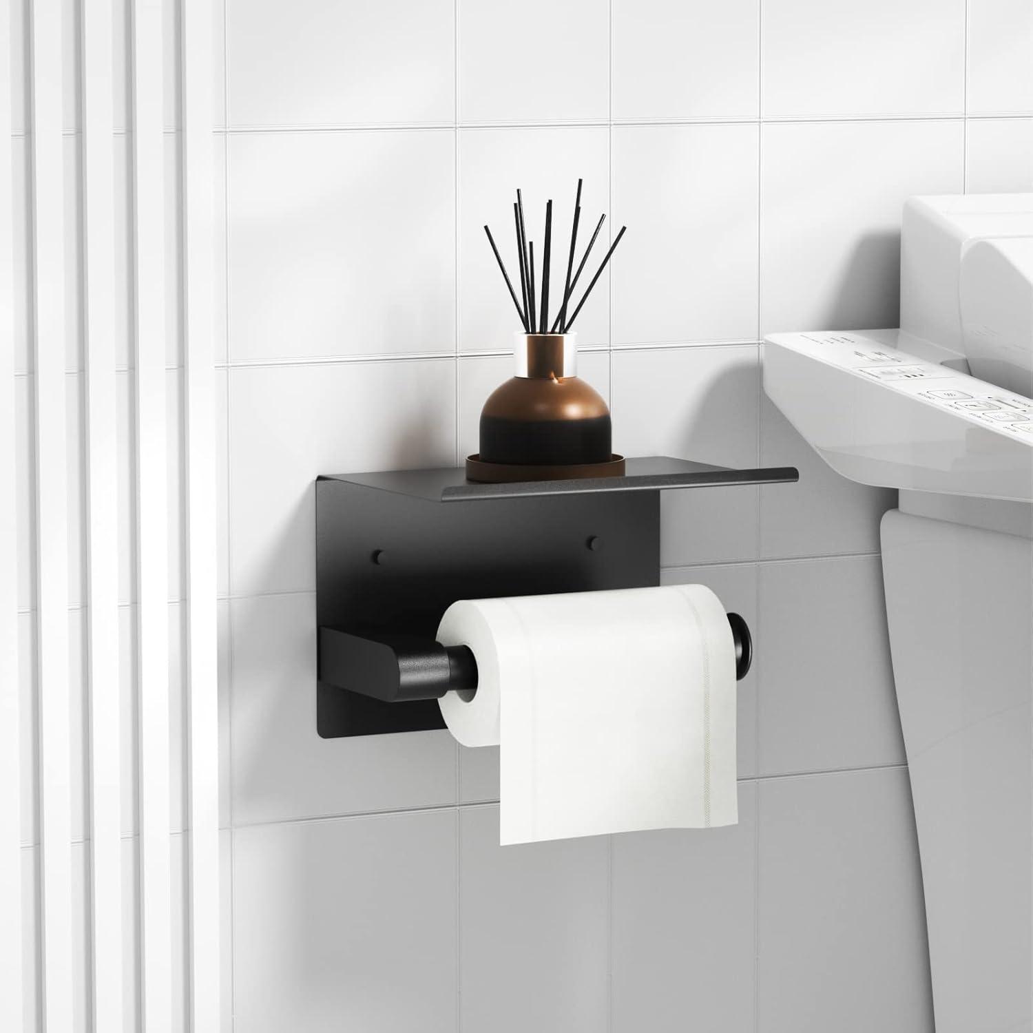 Rustproof Matte Black Wall Mount Toilet Paper Holder with Shelf - Self Adhesive for Bathroom