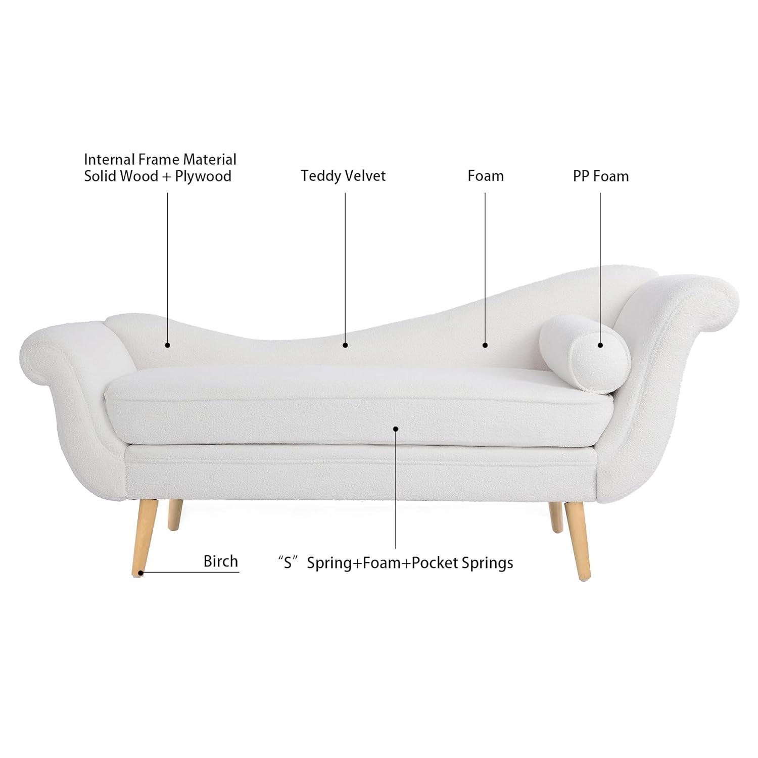Chaise Lounge Chair Indoor Velvet Upholstered, Modern Sled Base Design with Sturdy Birch Legs, Ergonomic Curved Lumbar Pillow for Living Room, Bedroom, Home Office (White)