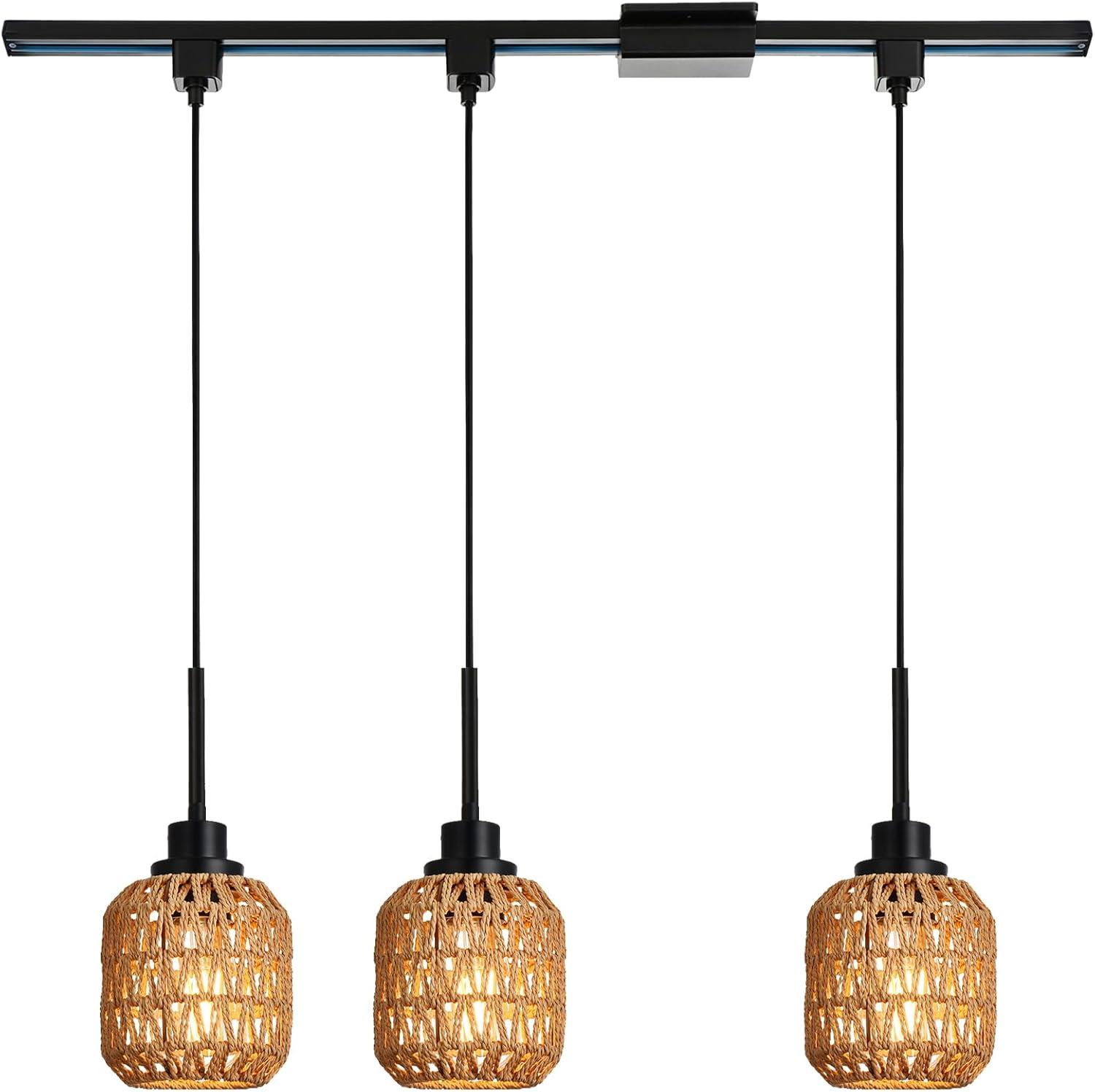 3-Pack H Type Track Lighting Pendants, Ceiling Track Hanging Light Fixture with Hand-Woven Rattan Shade, H-Type Tracking Boho Pendant Lighting Fixtures for Kitchen Island Dining Room, E26 Base