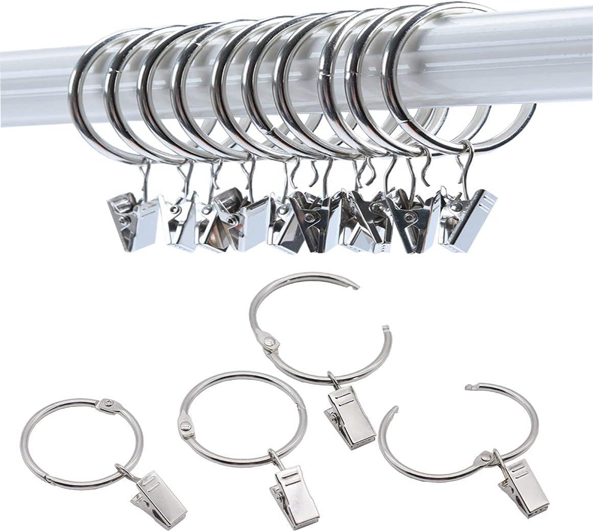 Pack of 40 Openable Curtain Rings with Metal Hanging Ring Clips, 1.5" Inner Diameter, Silver