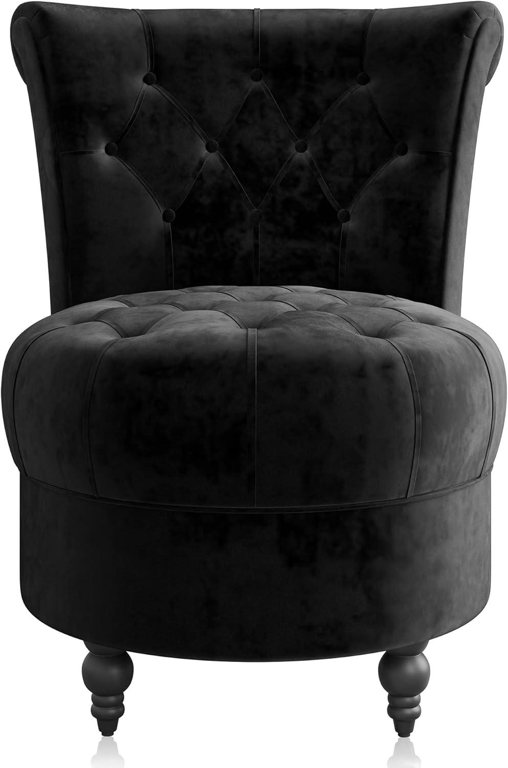 BELLEZE Throne Royal Chair Set of 2, Button-Tufted Accent Chair, Upholstered Velvet Chair, Low Back Armless Chair with Thick Padding and Rubberwood Legs - Malik (Black)