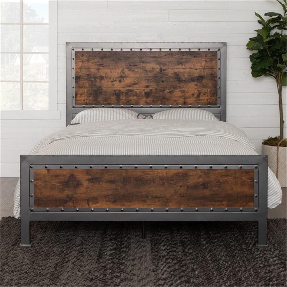 Walker Edison Queen Size Industrial Wood and Metal Bed - Brown