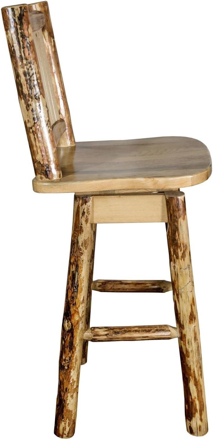 Rustic Lodge Pole Pine Swivel Barstool with Laser-Engraved Wolf