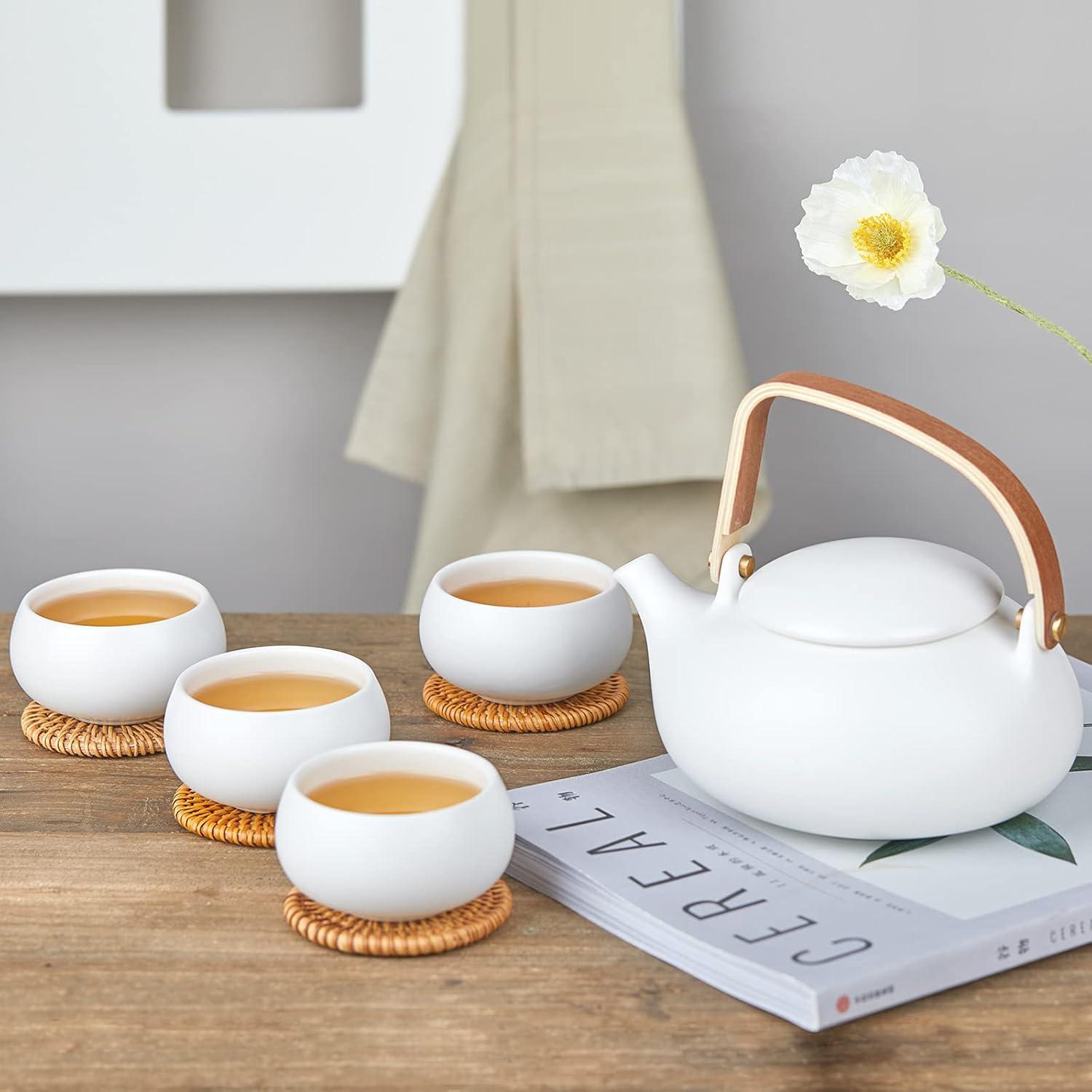 ZENS Japanese Tea Set with Infuser, Modern Bentwood Handle 27 oz Matte Ceramic Loose Leaf Teapot with 4 Cups & RattanCoasters for Tea Lover Gift