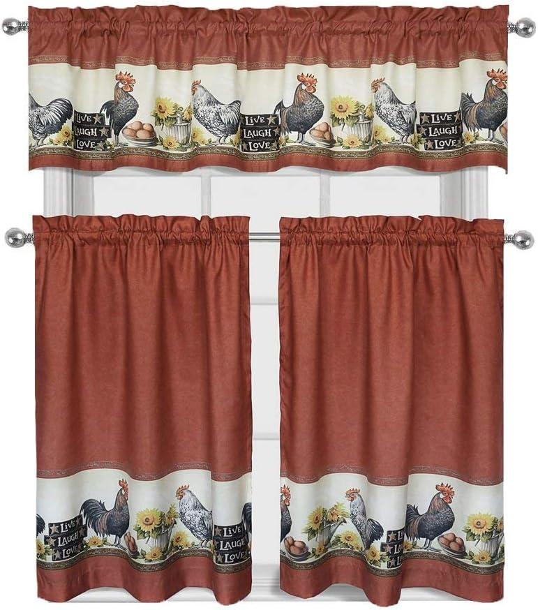 3 Piece Rooster Window Treatment Kitchen Curtain Panel Tier & Valance Set