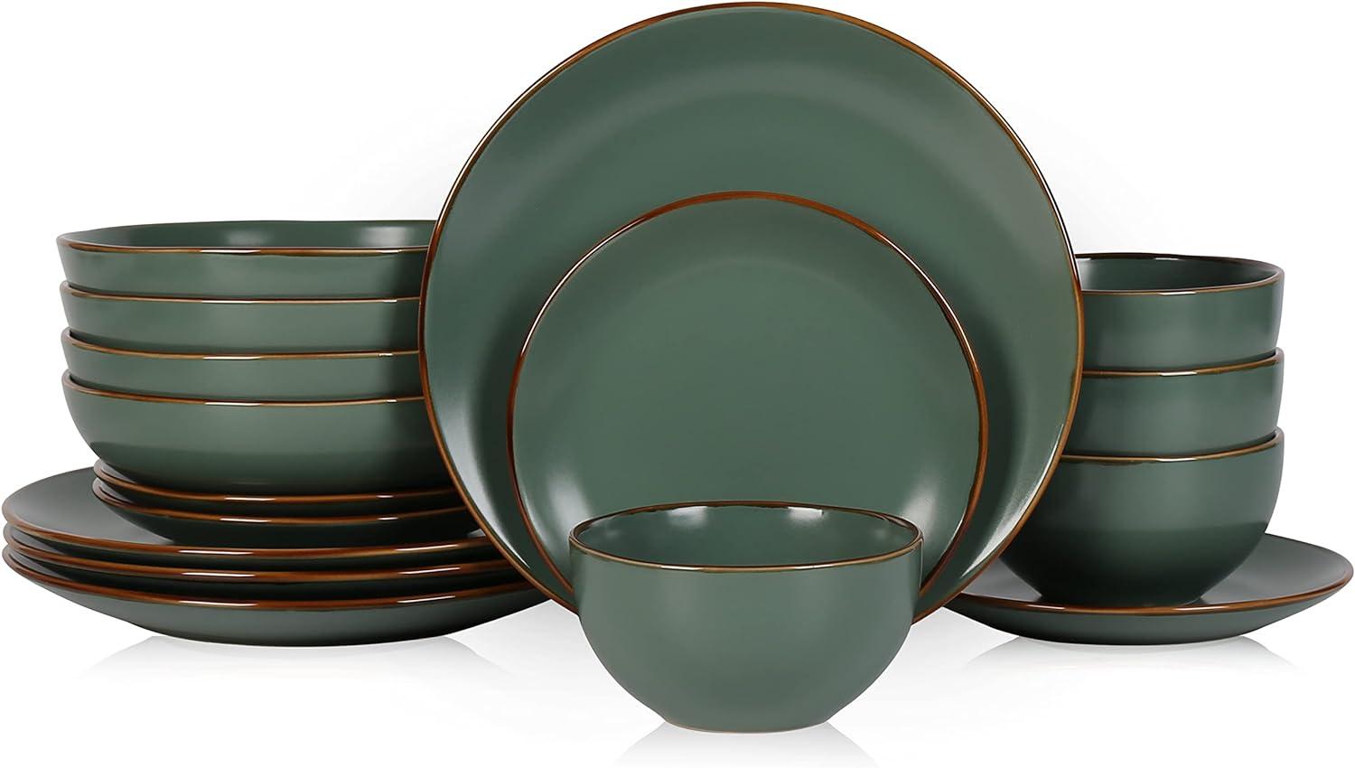 Green Ceramic 16-Piece Dinnerware Set with Brown Edged Borders