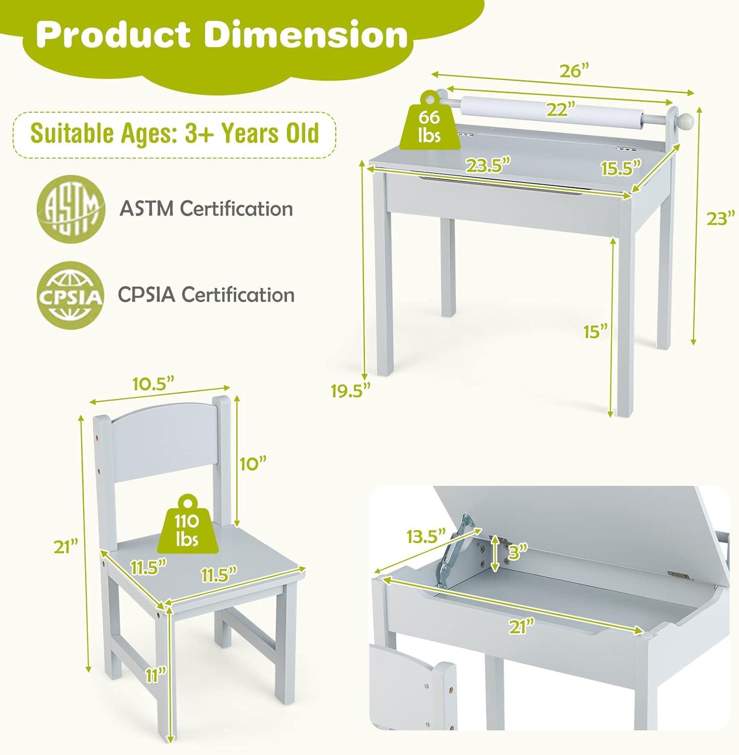 Gray Wooden Kids Activity Table and Chair Set with Storage