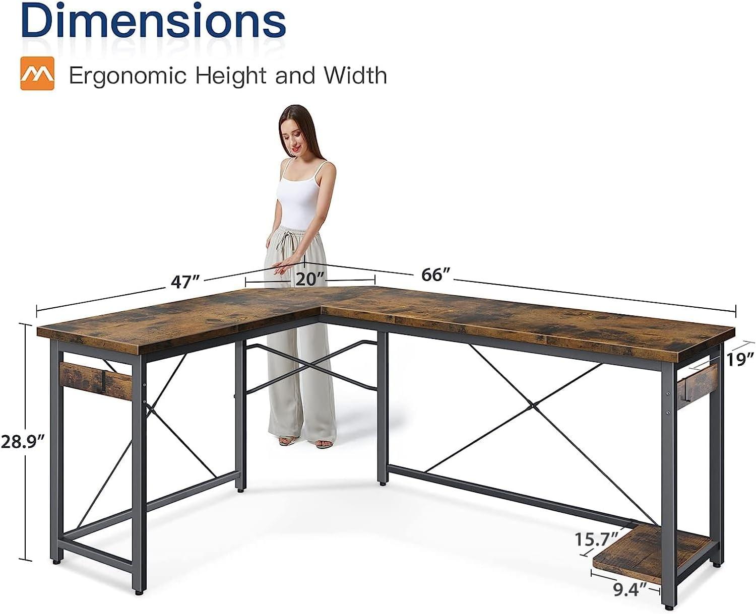 Vintage L-Shaped Wood and Metal Gaming Desk with Power Outlet