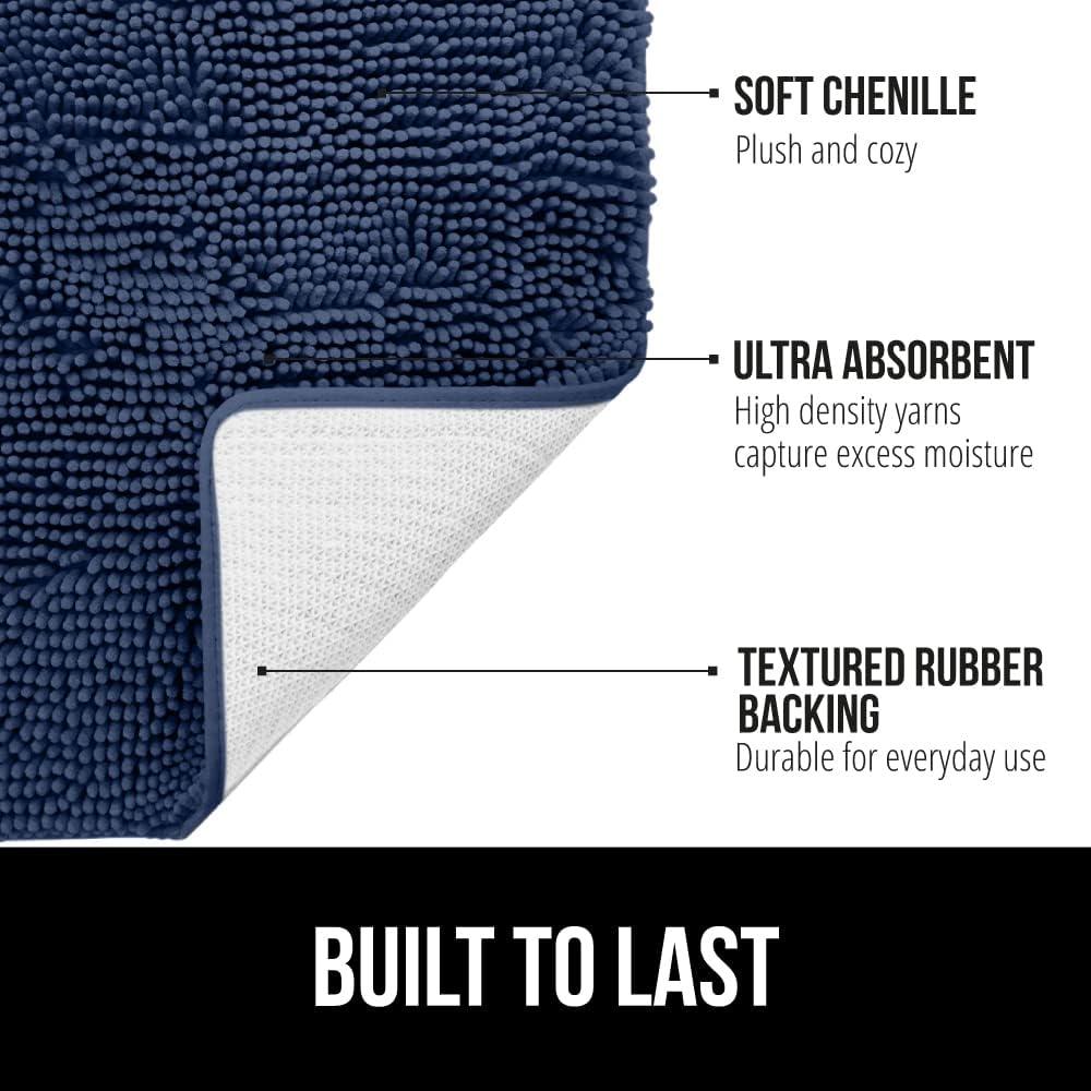 GORILLA GRIP Chenille Bath Rug 24x17, Rubber Backing Quick Dry Washable Microfiber Mats, Navy