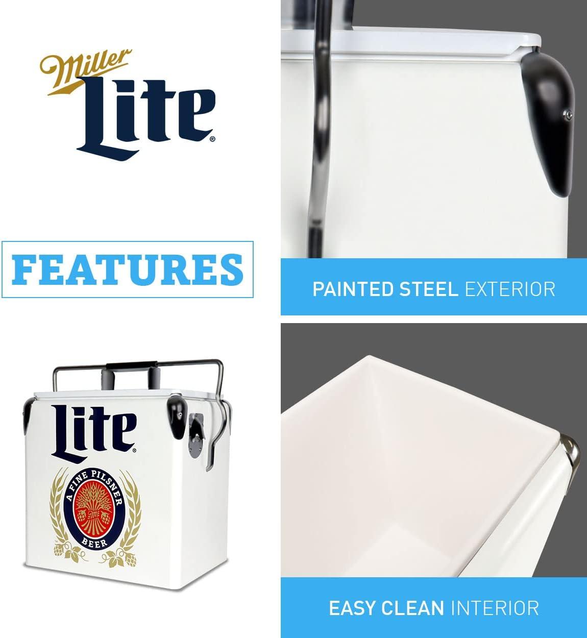 Miller Lite Retro Ice Chest Cooler with Bottle Opener 13L (14 qt), White and Blue