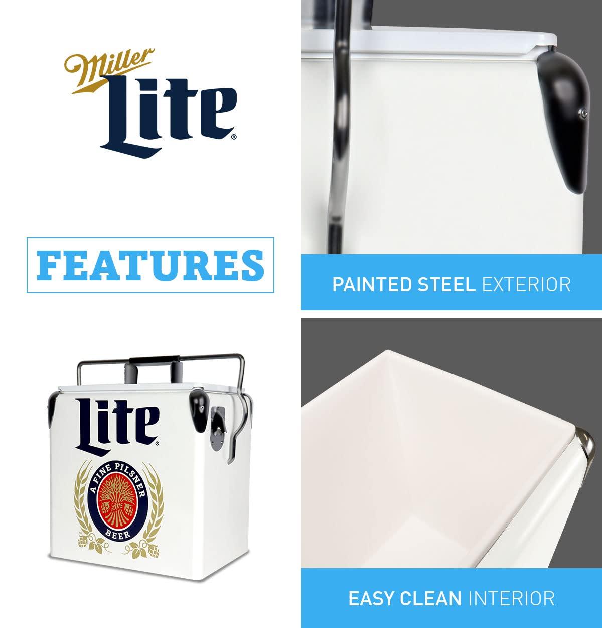 Miller Lite Retro Ice Chest Cooler with Bottle Opener 13L (14 qt), White and Blue