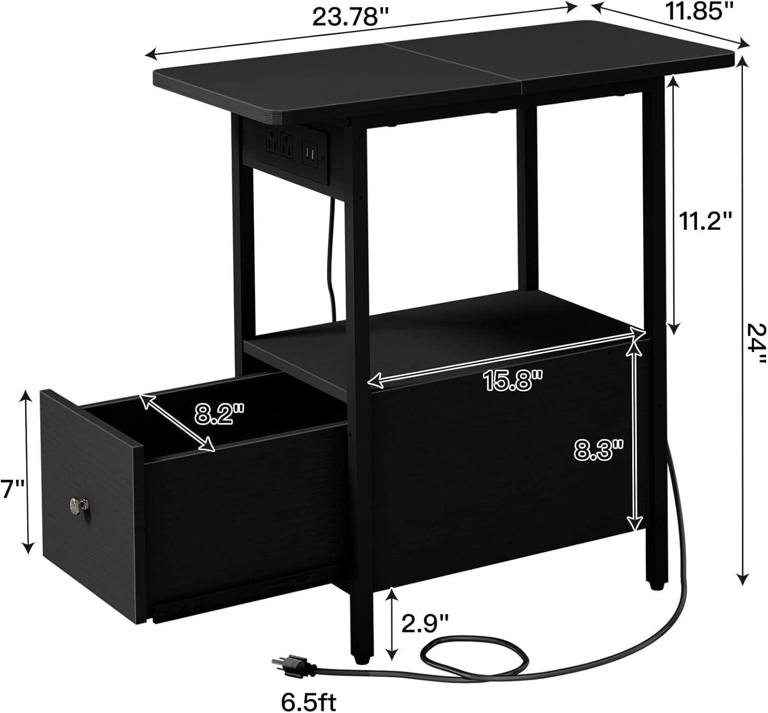 End Table with Charging Station, Narrow Side Table with Drawer and USB Ports & Power Outlets, Nightstand Bedside Tables for Small Spaces, Bedroom, Living Room, Black