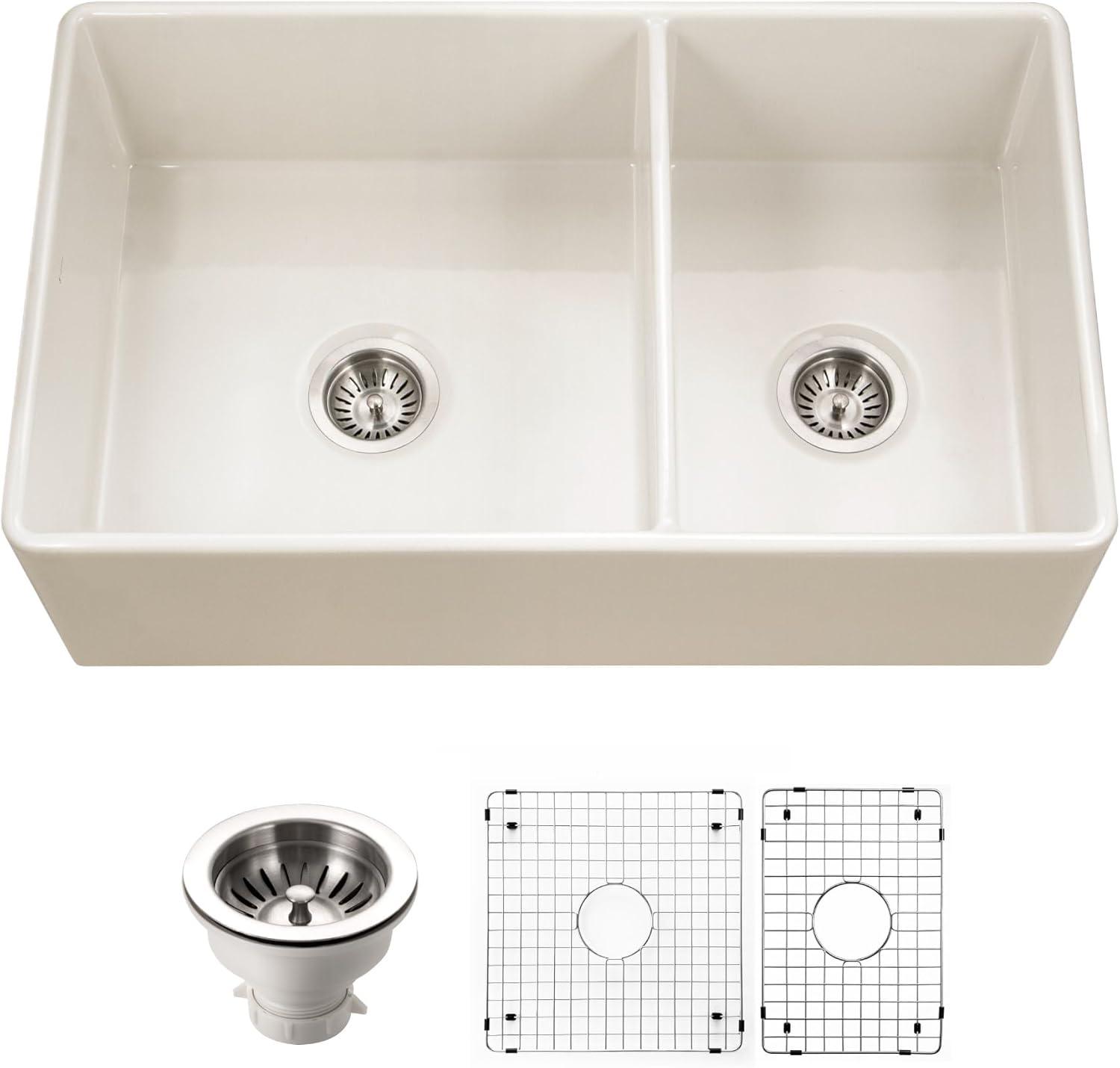 Platus 33 in. Biscuit Fireclay Apron Front Farmhouse 60/40 Double Bowl Kitchen Sink with Strainer and Grids PTD-6040 BQC