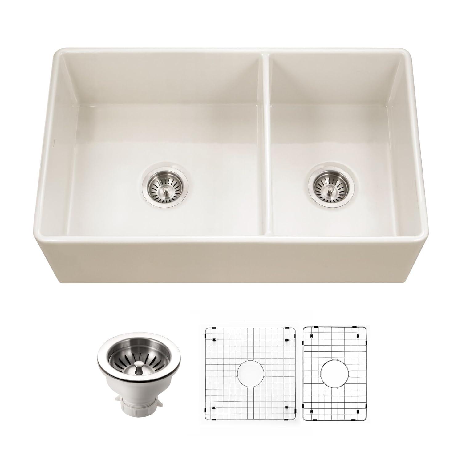 Platus 33 in. Biscuit Fireclay Apron Front Farmhouse 60/40 Double Bowl Kitchen Sink with Strainer and Grids PTD-6040 BQC