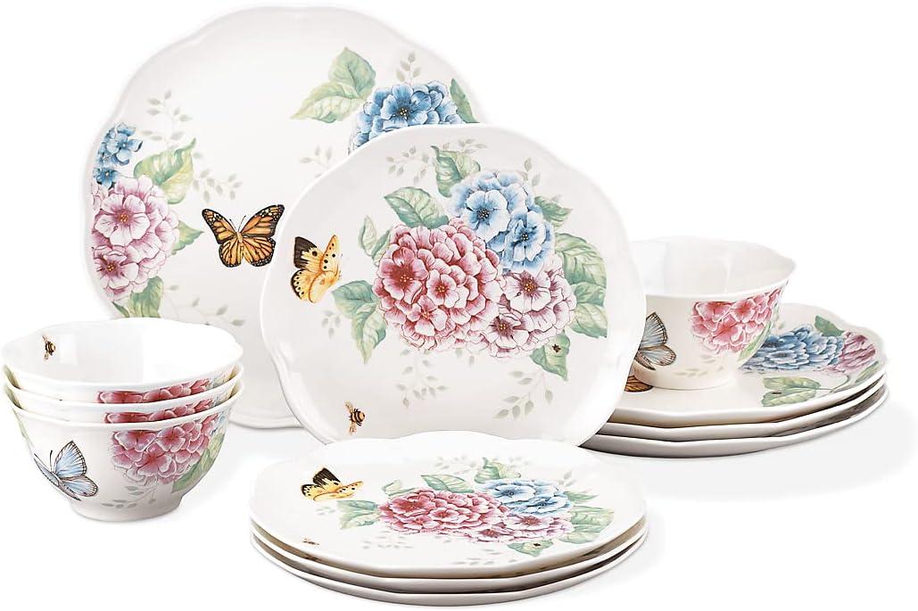 Butterfly Meadow Hydrangea 12-Piece Porcelain Dinnerware Set