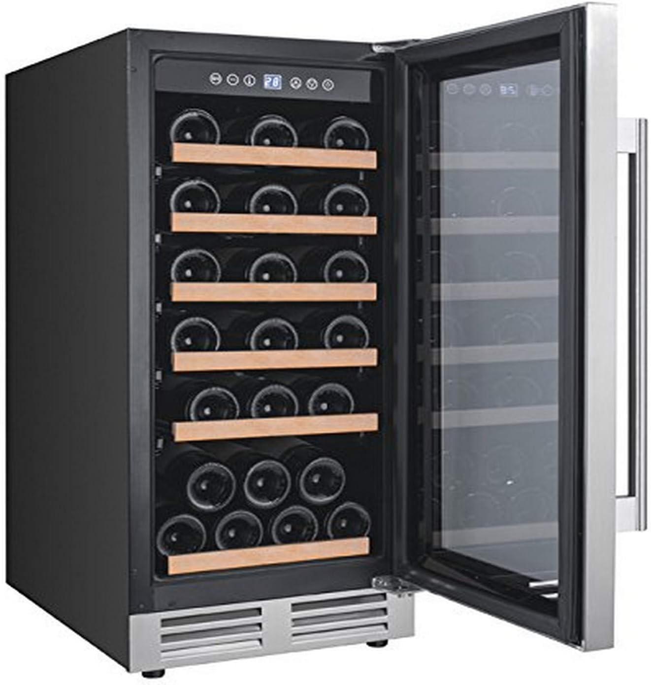 28-Bottle Black and Stainless Steel Freestanding Wine Cooler with LED Lighting