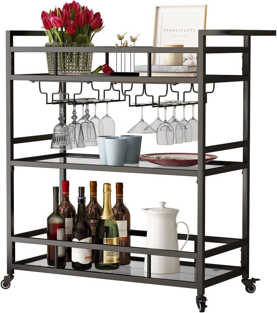 Black Metal 3-Tier Bar Cart with Glass Shelves and Wine Rack