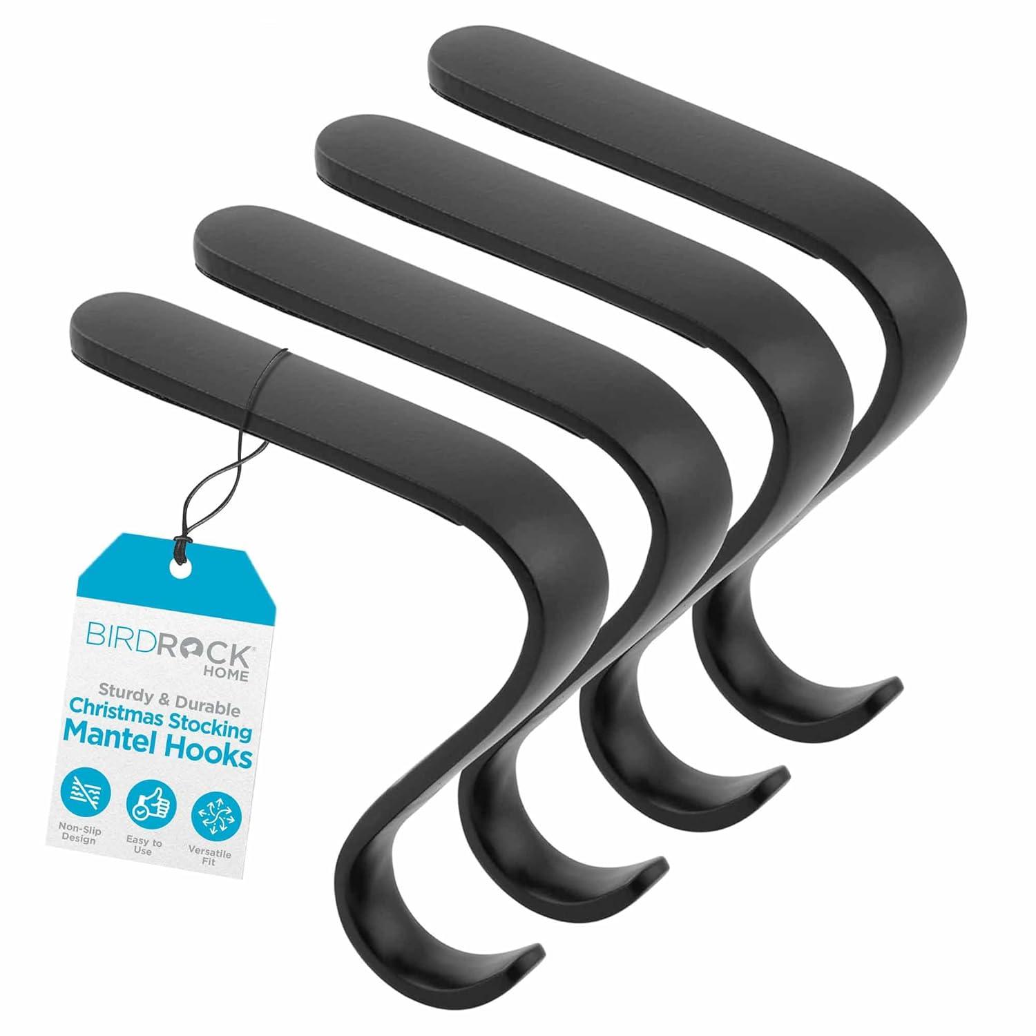 BIRDROCK HOME 4 Pack Christmas Stocking Mantel Hooks - Heavy-Duty Metal Hangers for Fireplace, Brick, and Mantel - Ideal for Holiday Stockings, Garlands, and Decor - Sturdy and Versatile - Black