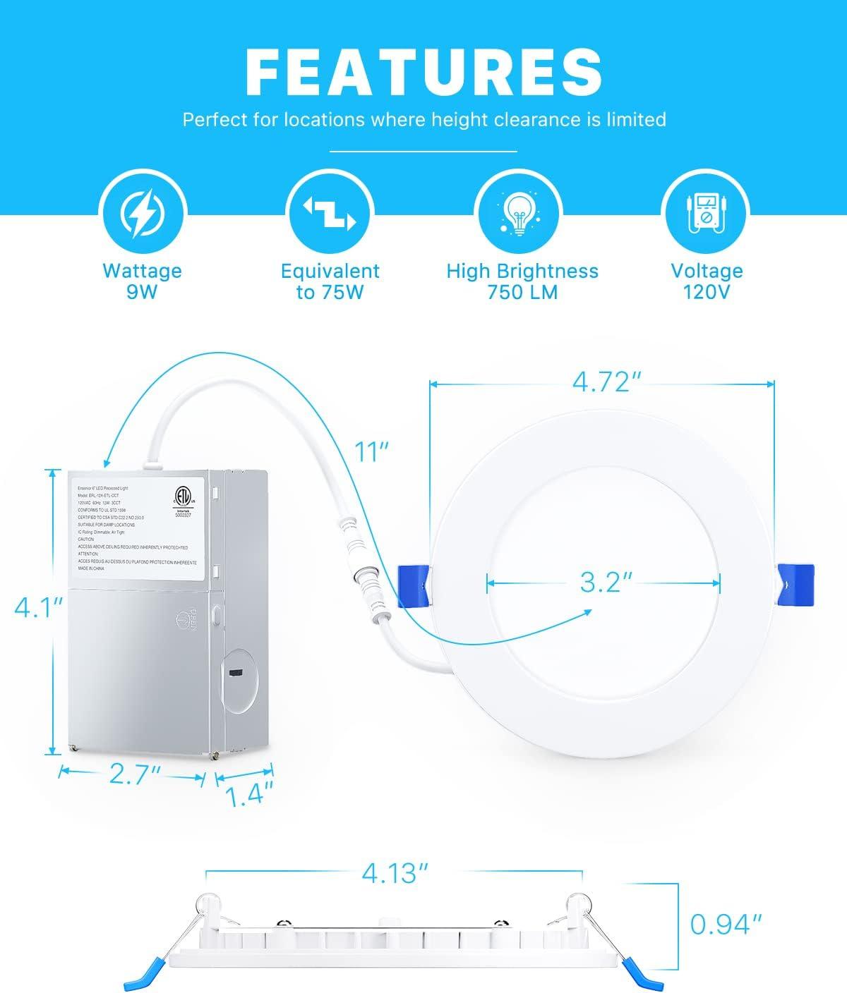 Ensenior 12 Pack 4 Inch Ultra-Thin LED Recessed Ceiling Light with Junction Box, 3000K/4000K/5000K Selectable, 9W 75W Eqv, Dimmable, 750LM High Brightness - ETL and Energy Star Certified 4 Inch 5000k/4000k/3000k - 3cct White