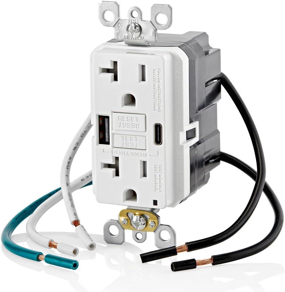 Leviton 20A SmartlockPro Self-Test GFCI Combination with Type A & Type-C USB in-Wall, USB Charger for Smartphones and Tablets, GUAC2-W, White