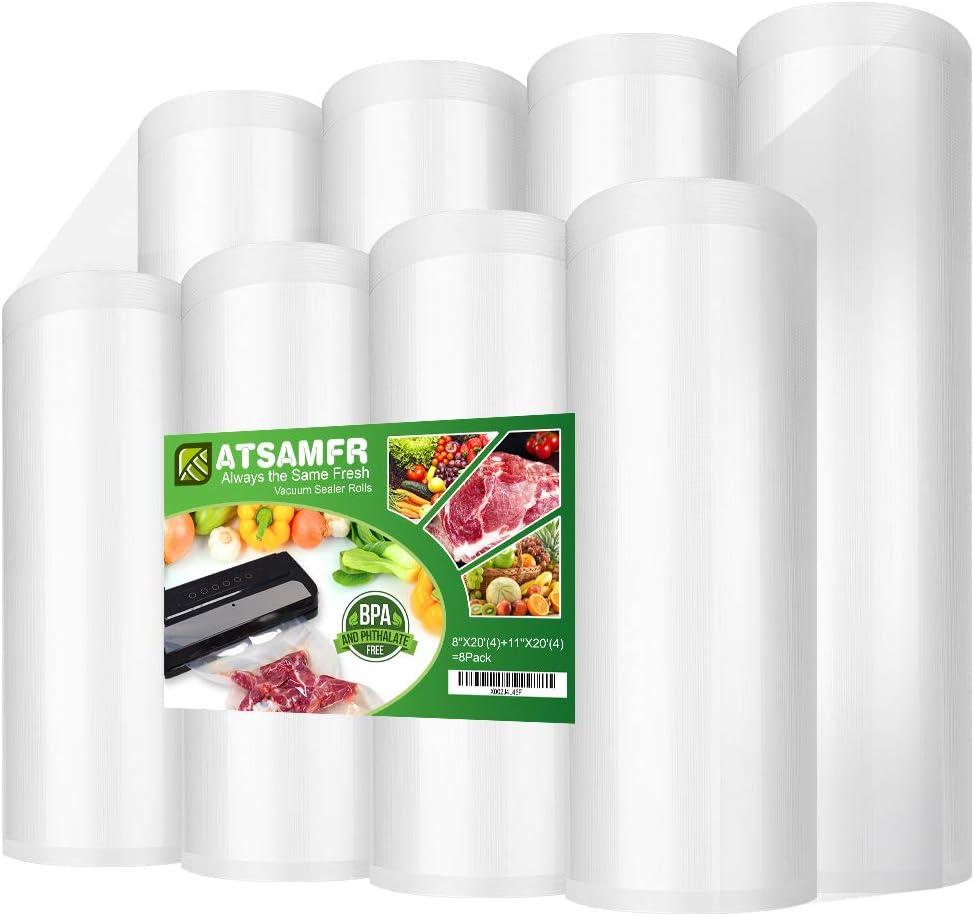 WVacFre 8Pack 8"x20'(4Rolls) and 11"x20' (4Rolls) Vacuum Sealer Bags Rolls for Food Storage seal Bag