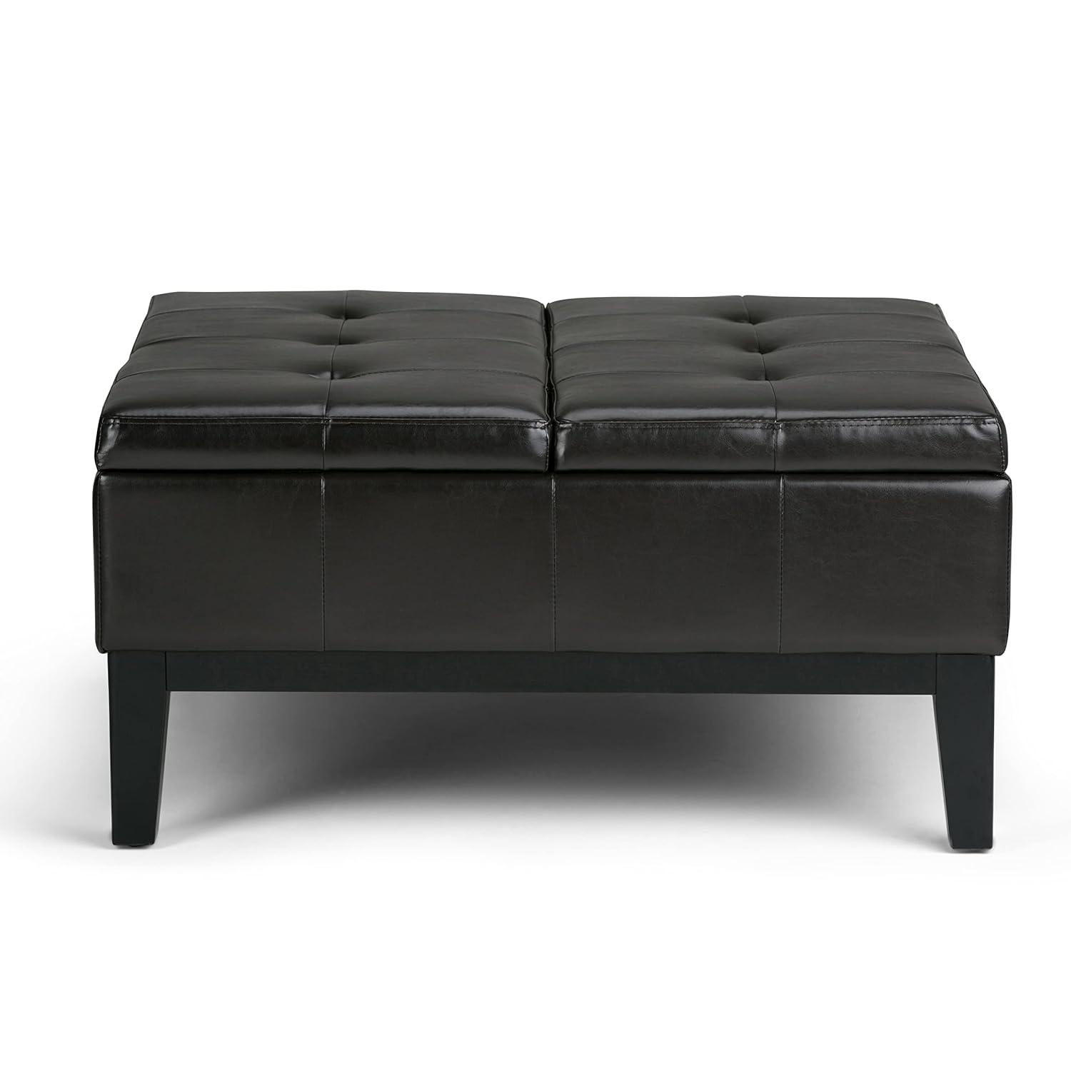 Simpli Home Dover 36"W Upholstered Square Coffee Table Storage Ottoman with Split Tufted Lift Top