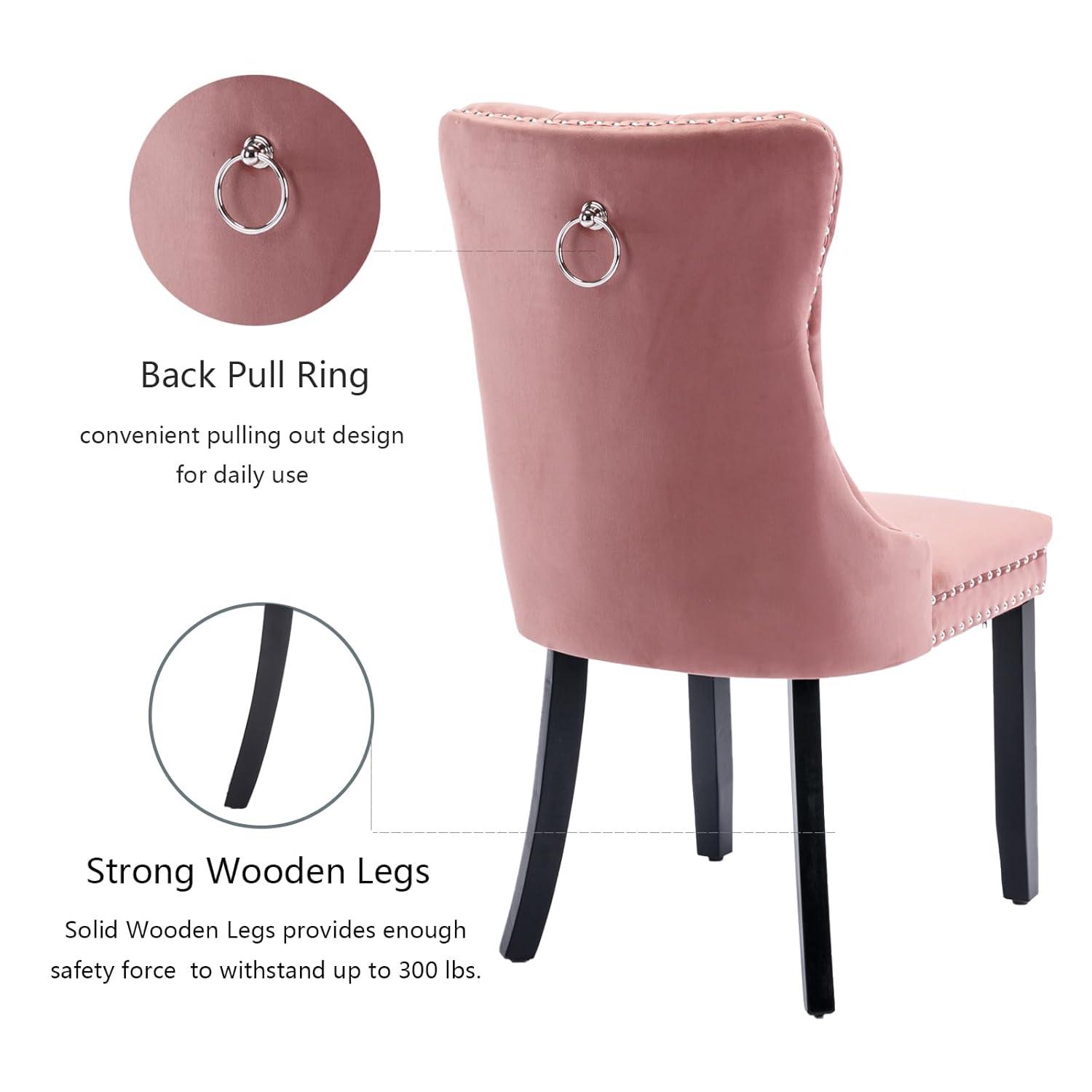 Pink Velvet Dining Chairs Set of 2, Upholstered Dining Room Chairs with Back Ring Pull Trim and Solid Wood Legs, Tufted Wingback Kitchen Chairs for Dining Room,Living Room,Kitchen(Pink)