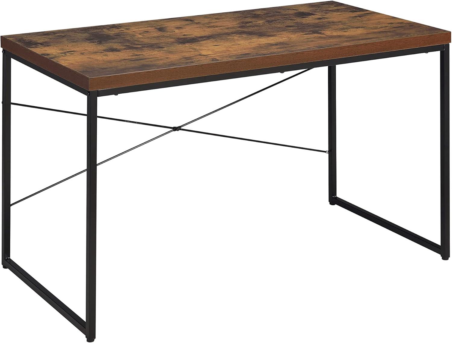 Weathered Oak and Black Rectangular Wooden Desk with Metal Base