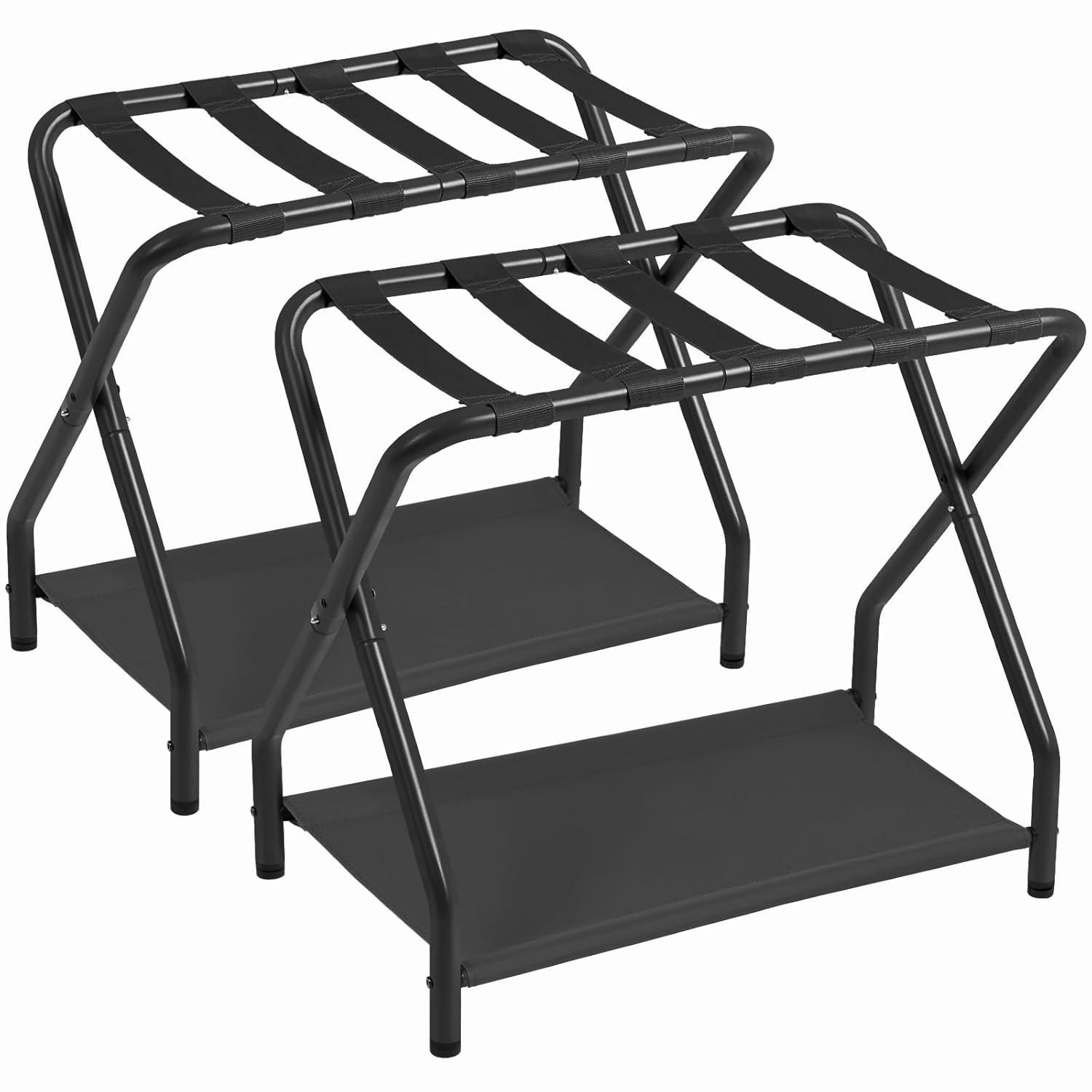 MEBROT Set Of 2, Foldable Suitcase Stands For Guest Room, Metal Luggage Holder With Storage Shelf For Bedroom, Hotel, Easy Assemble