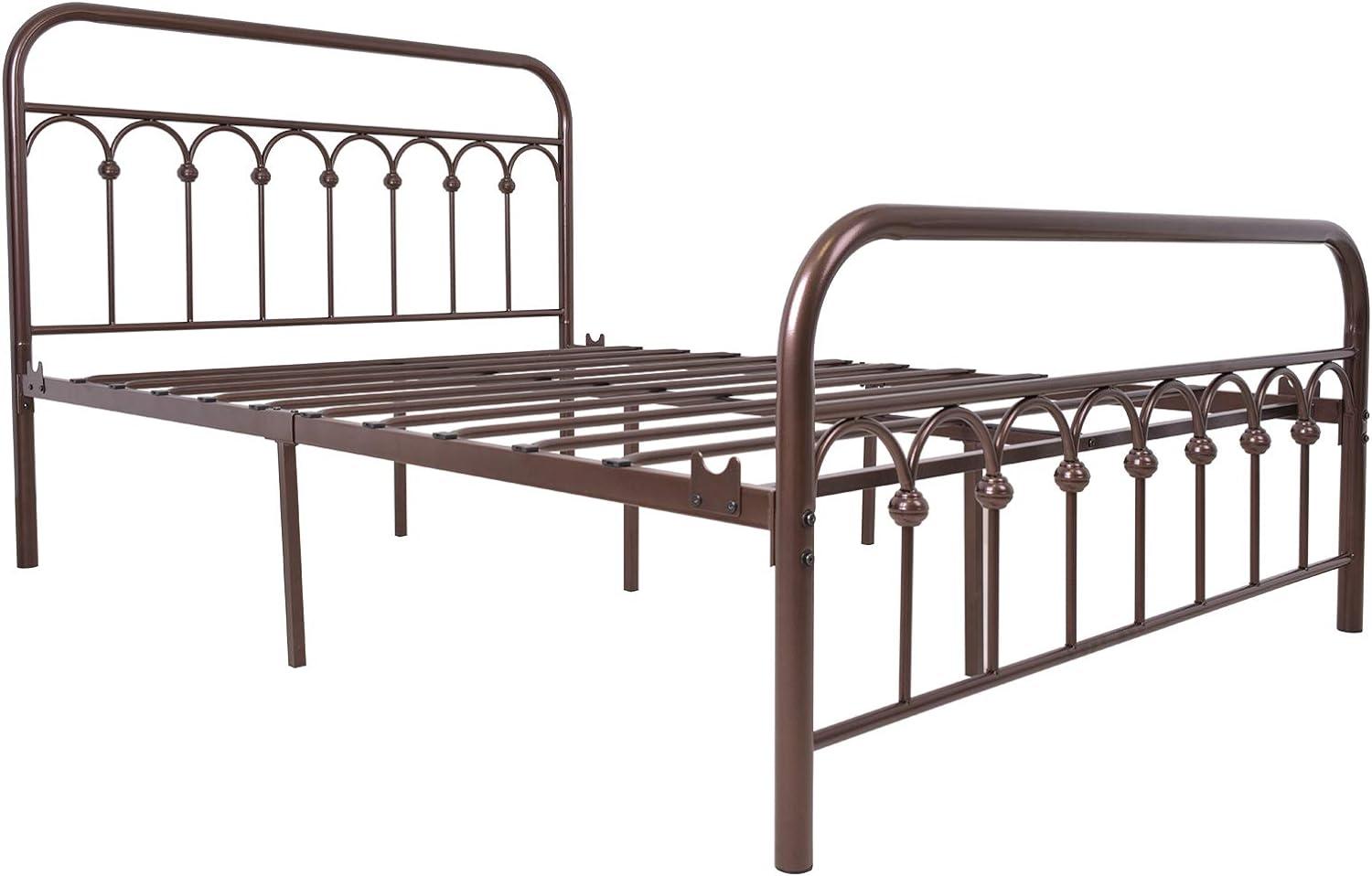 Antique Brown Full Size Metal Bed Frame with Headboard and Storage