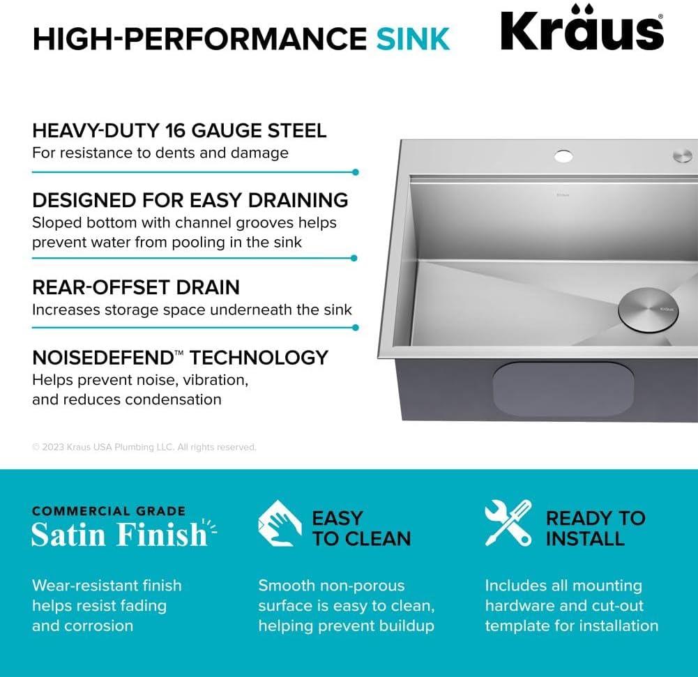 Kraus KWT311-25 KRAUS Kore™ Workstation 25-inch L Drop-In 16 Gauge Single Bowl Stainless Steel Kitchen Sink with Accessories