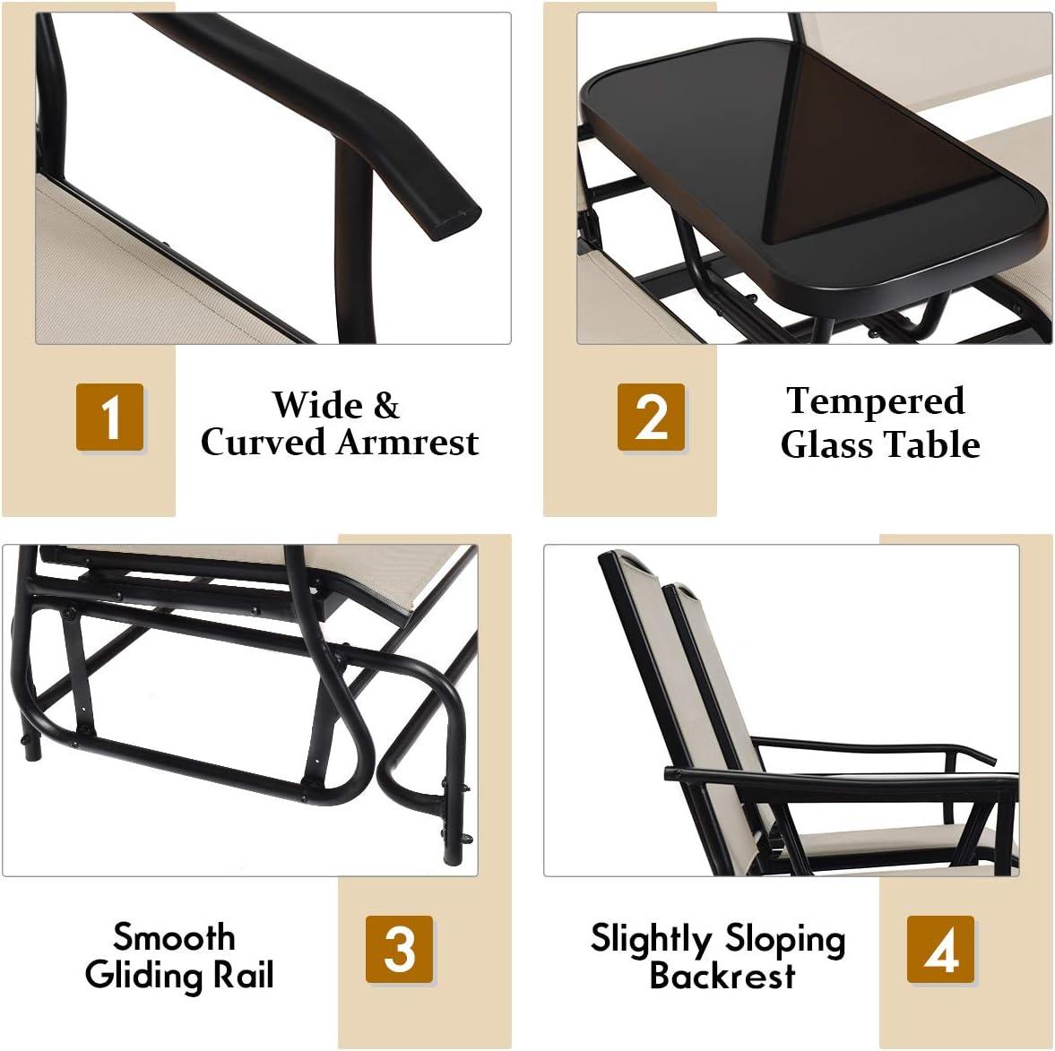 Red Barrel Studio® Patio Bench Glider Chair with Metal Frame, Center Tempered Glass Table, Outside Double Rocking Swing Loveseat for Porch, Garden, Poolside, Balcony, Lawn Rocker Outdoor Glider Bench | Wayfair