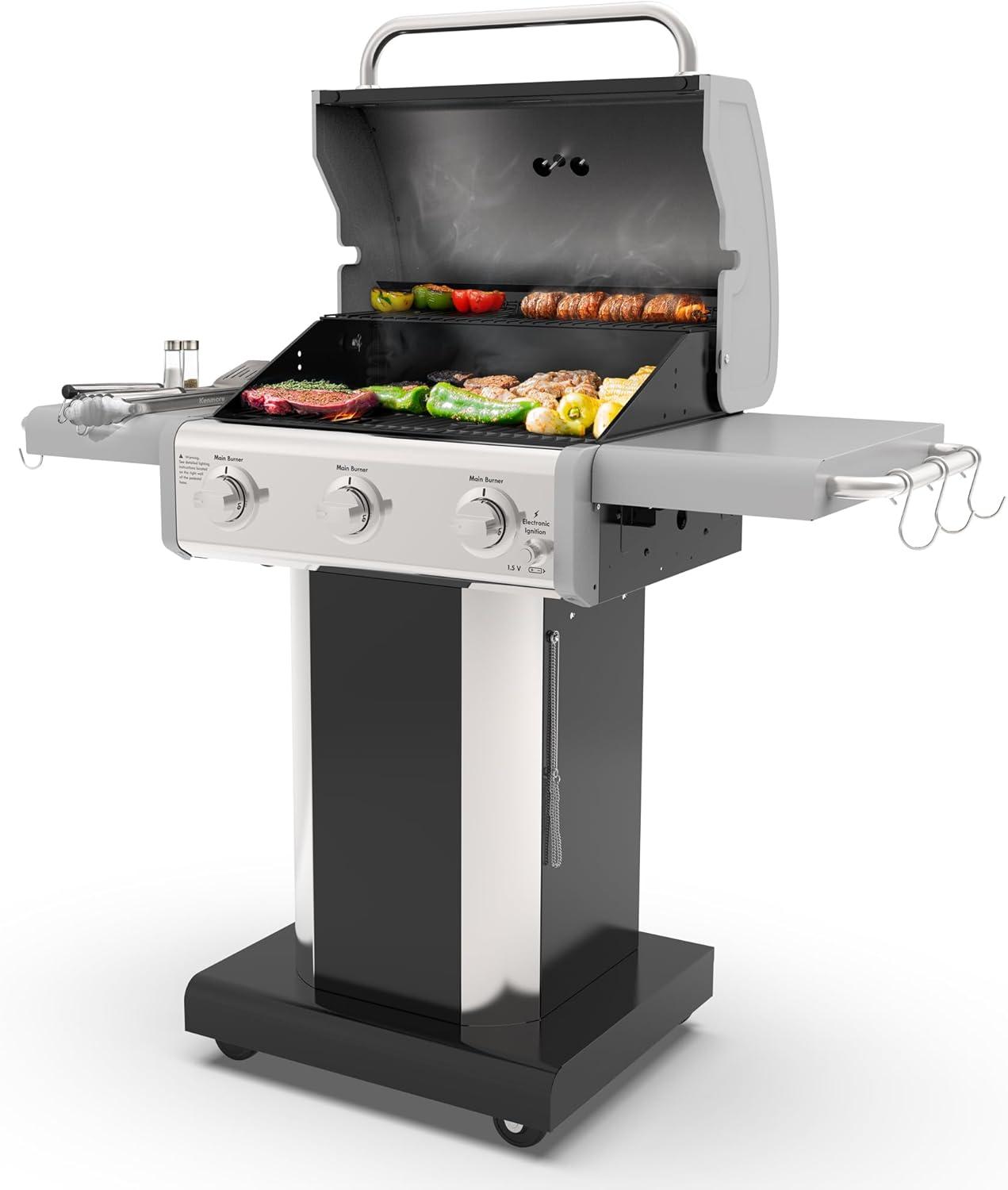 Kenmore 3-Burner Propane Gas Grill with Foldable Side Tables for Outdoor BBQ