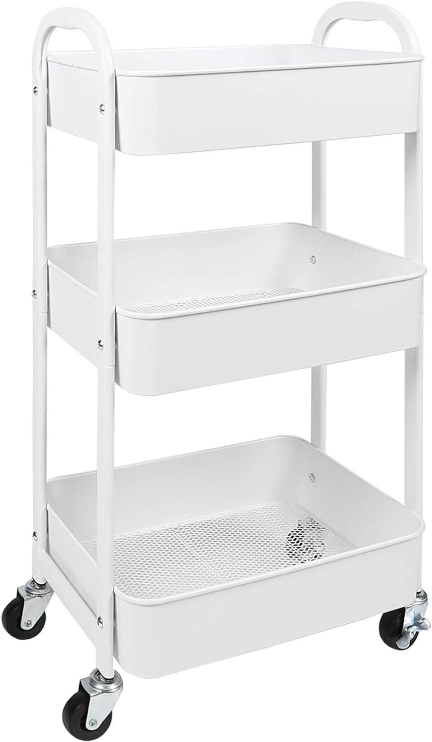 White Metal 3-Tier Rolling Utility Cart with Wheels