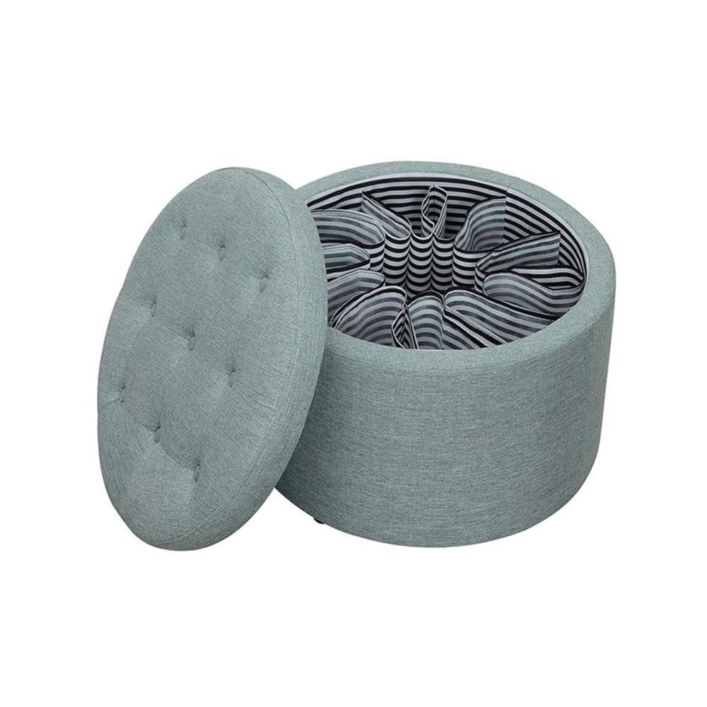 Tufted Round Green Faux Linen Shoe Ottoman with 12 Compartments