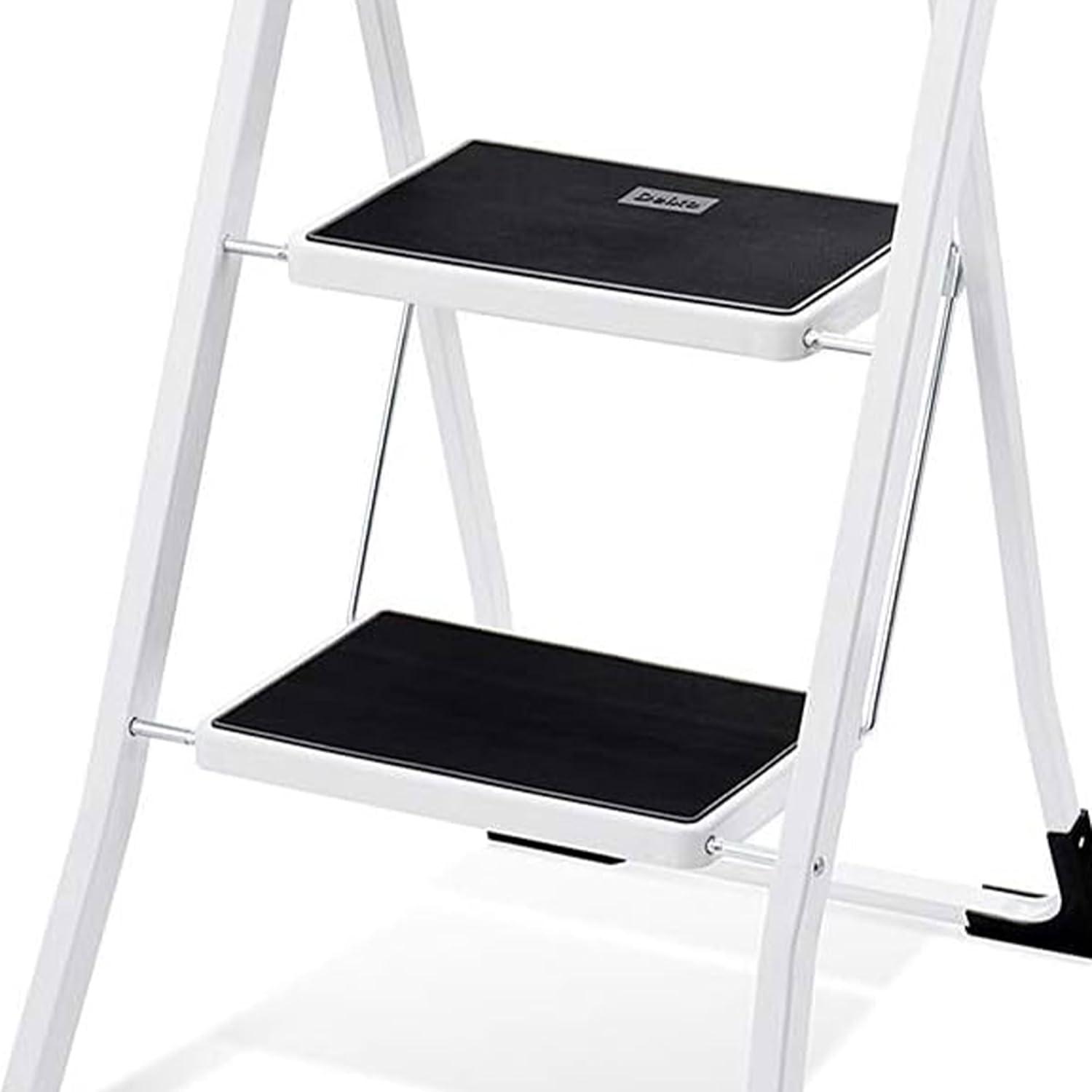 Delxo Non-Slip Stool Folding Sturdy Steel Wide Step Ladder with Hand Grip and Locking Mechanism for Indoor Household Kitchens