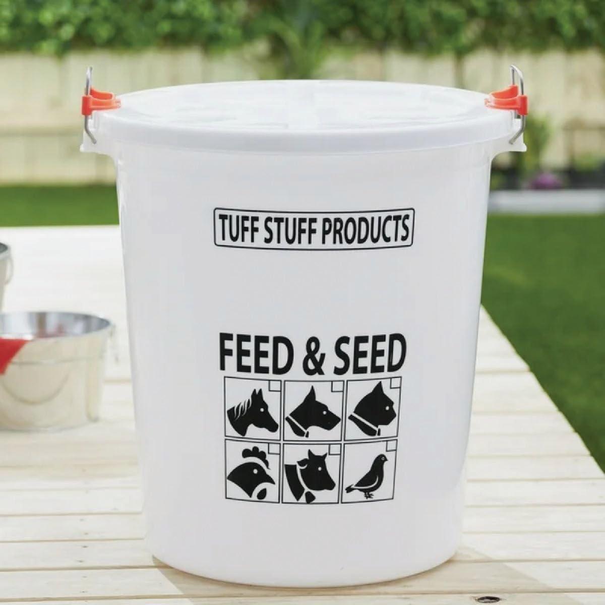 Tuff Stuff Products FS12 12 Gallon Seed and Animal Feed Heavy Duty Plastic Drum Bucket with Lock Lid for Dogs, Cats, Chickens, Cows, and Horses