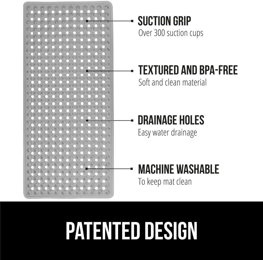 GORILLA GRIP Patented Bath Tub Shower Mat, Machine Washable Bathtub Floor Liner Mats, Suction Cups and Drain Holes to Keep Tubs Clean, Soft on Feet, Bathroom Essentials, 35x16 Inch, Gray Opaque